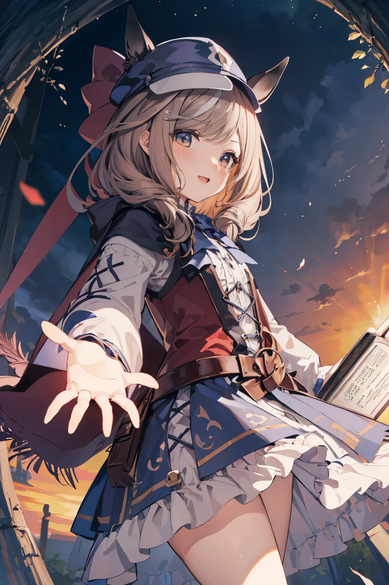 (( Machikanetanheuza)),(hat)(Mage),I have a spellbook in my hand,(( is casting magic)), masterpiece, top quality, Ultra- detail ed, illustration, 1 girl,li, and laugh, Alone, from below/low angle, horse tail,reaching out,