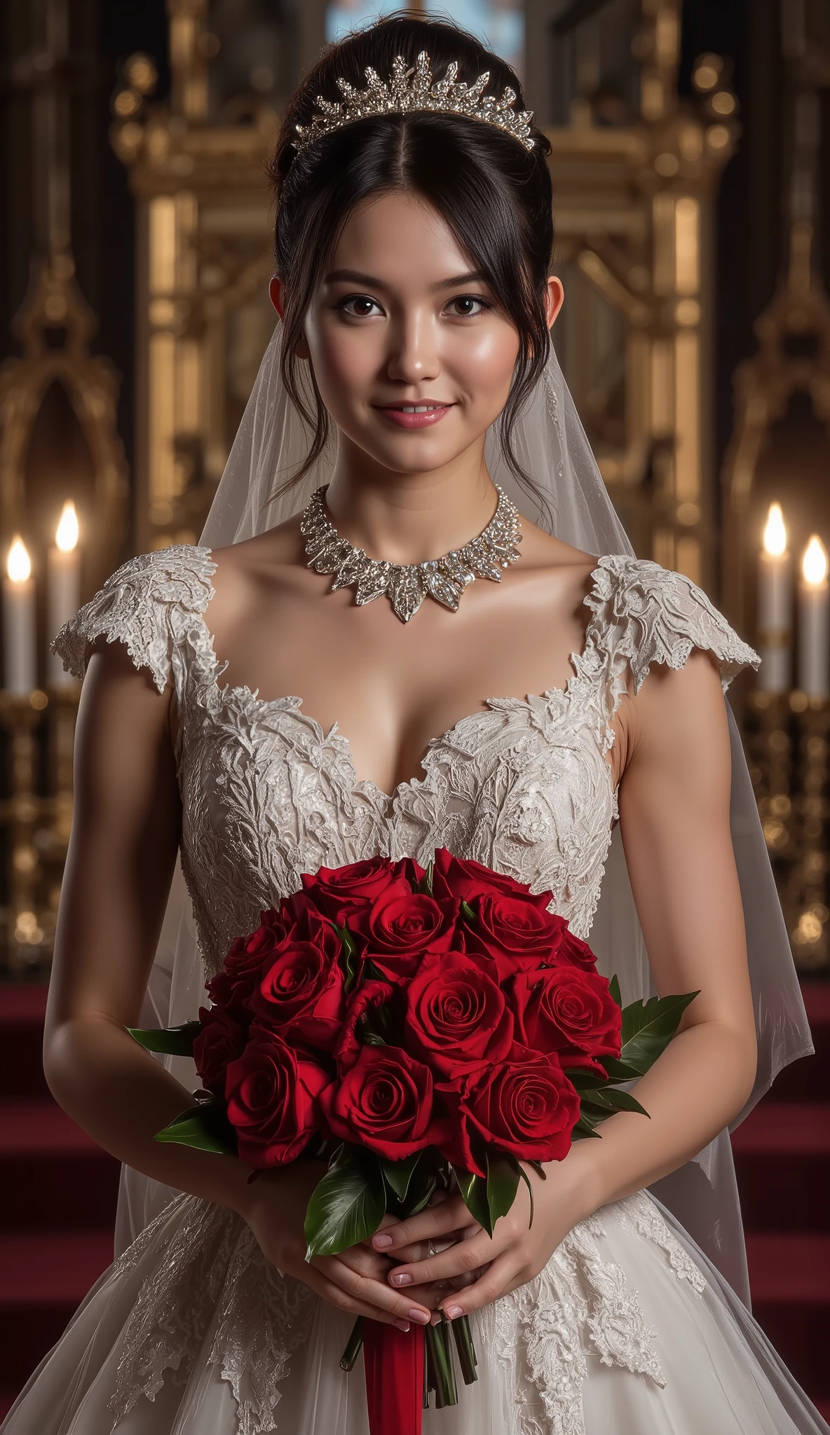 (((best quality))),(((ultra detailed))),(((masterpiece))),illustration,a girl,slim,bun,alluring,sexy,charming,smile,crystal necklace,white lace wedding dress, big breasts, hourglass figure, Set the scenario in a luxury church full of gold details, night scene, the place is enlighted by candles, keep the exact face and hair details of the selected LoRA, keep the LoRA iconic hairstyle, find the best camera angle to take the photo, realistic skin, photorealism, photorealistic, find the best pose to take the photo, holding a beautiful red roses bouquet with both hands showing it to the viewer, cowboy shot, mid body shot