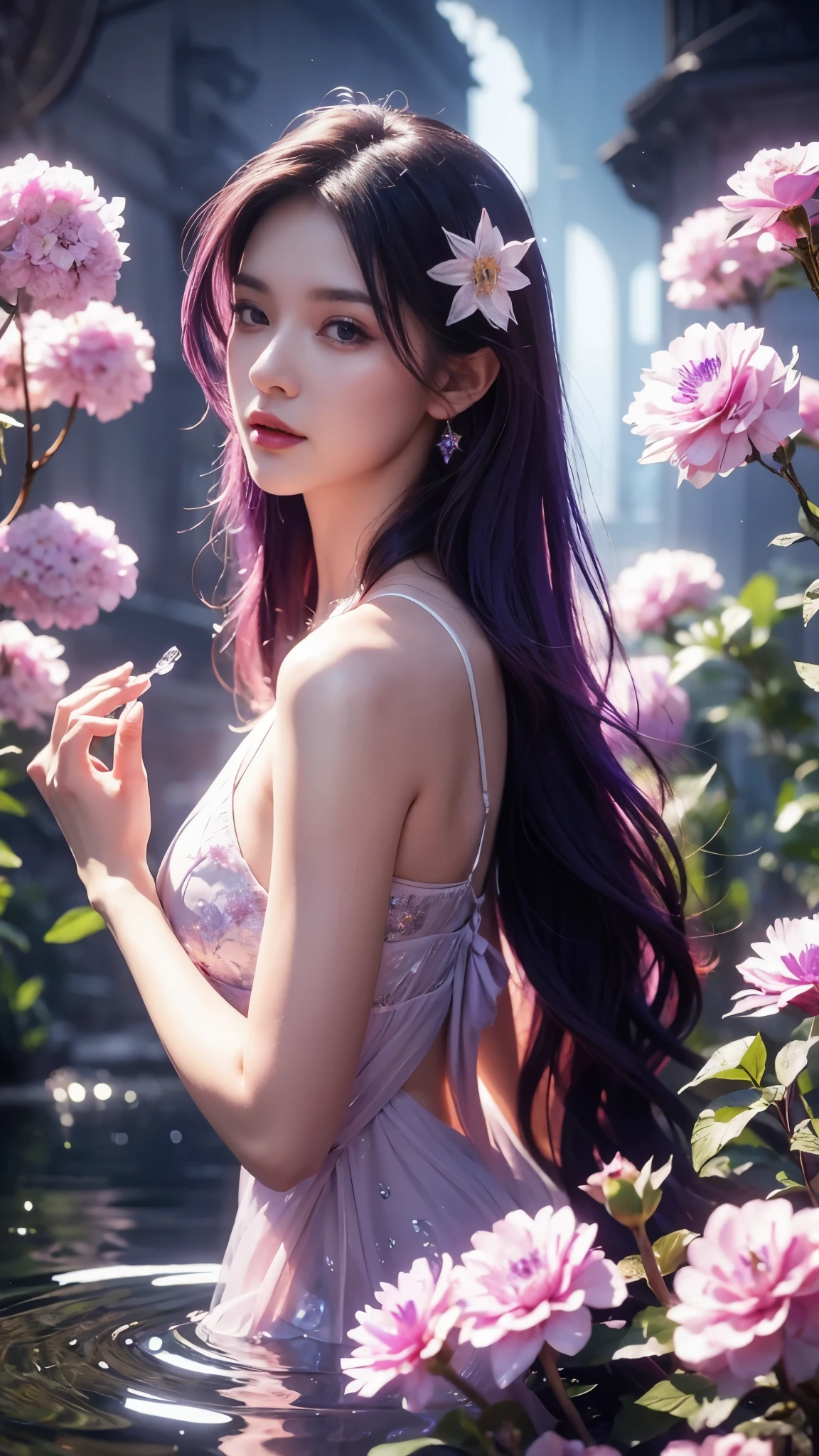 1girl, solo, cute girl with pink hair, pink eyes, wisteria flower background, soft natural light, cat ears, sleeveless white shirt