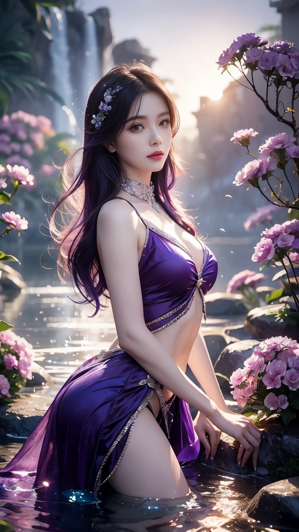Purple Hair,She wore a purple dress and her head was adorned with a jade lotus hairpin.,Wearing a lavender wide-sleeved plain fairy dress,She was a vision of ethereal beauty, a divine being, but also a woman of incomparable loveliness.。Her skin was like congealed fat, pure white jade.,She seemed as delicate as if she could be pierced by a puff of air,;Her face was as delicate as a lotus bud, beautiful and peerless.,Her lips were like cherry blossoms, moist and luscious.,all incredibly alluring.。Her two curved eyebrows,,her distant mountain-like brows painted with a touch of green.;a pair of peach blossom eyes with a playful glint,,Her eyes, clear as autumn water, were moist and bright,。Even with her ethereal, god-like beauty, her bones like jade,,Hibiscus is like a face, and the willow is like an eyebrow。not the slightest exaggeration.。Even when sitting,,it was hard to ignore her perfect figure, with a voluptuous chest and a rounded rear.。Her shoulders seemed to have been carved.,her full, rounded breasts,,Her waist was as thin as a willow branch, a mere handspan around.,The beautiful curves of her hips and legs were faintly visible.。