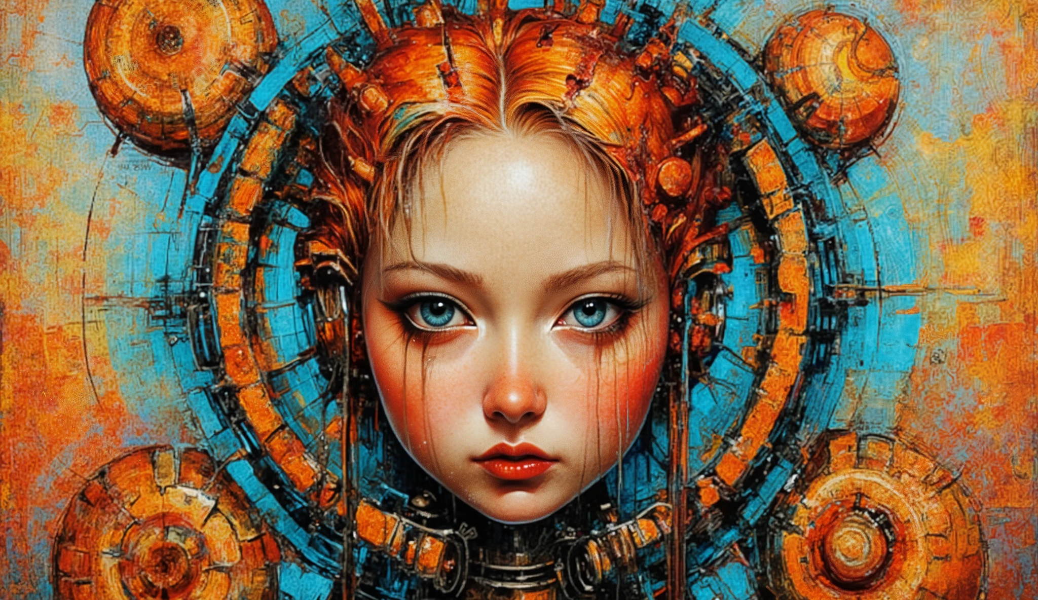  a striking, futuristic portrait of a young woman with vibrant orange hair. Her face is set against a backdrop of abstract geometric shapes and mechanical elements, blending organic and technological themes. The color palette is rich with oranges, reds, and soft blues, creating a visually dynamic contrast. The composition suggests a fusion of human and machine, with circular forms and intricate details surrounding her head, enhancing the modern, digital aesthetic. The expression on her face is thoughtful, adding an element of intrigue to the artwork.