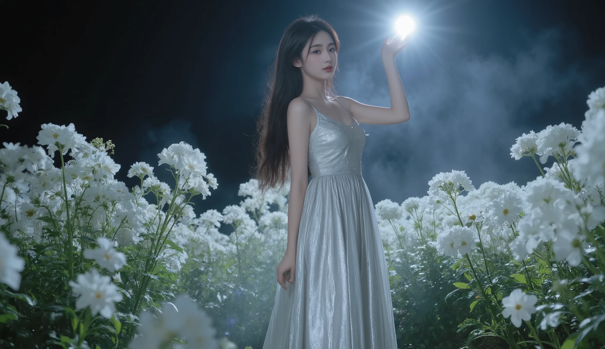 A serene girl standing gracefully in a magical lunar garden, surrounded by softly glowing flowers blooming under a crescent moonlight. She wears a long, flowing silver dress that reflects the moonlight delicately. A gentle mist swirls around her, creating a dreamy atmosphere. Her expression is calm and comforting, with a distant, thoughtful gaze. She moves slowly among the flowers, reaching one hand towards the crescent moon above. --v 5 --ar 16:9 --q 2 --style cinematic