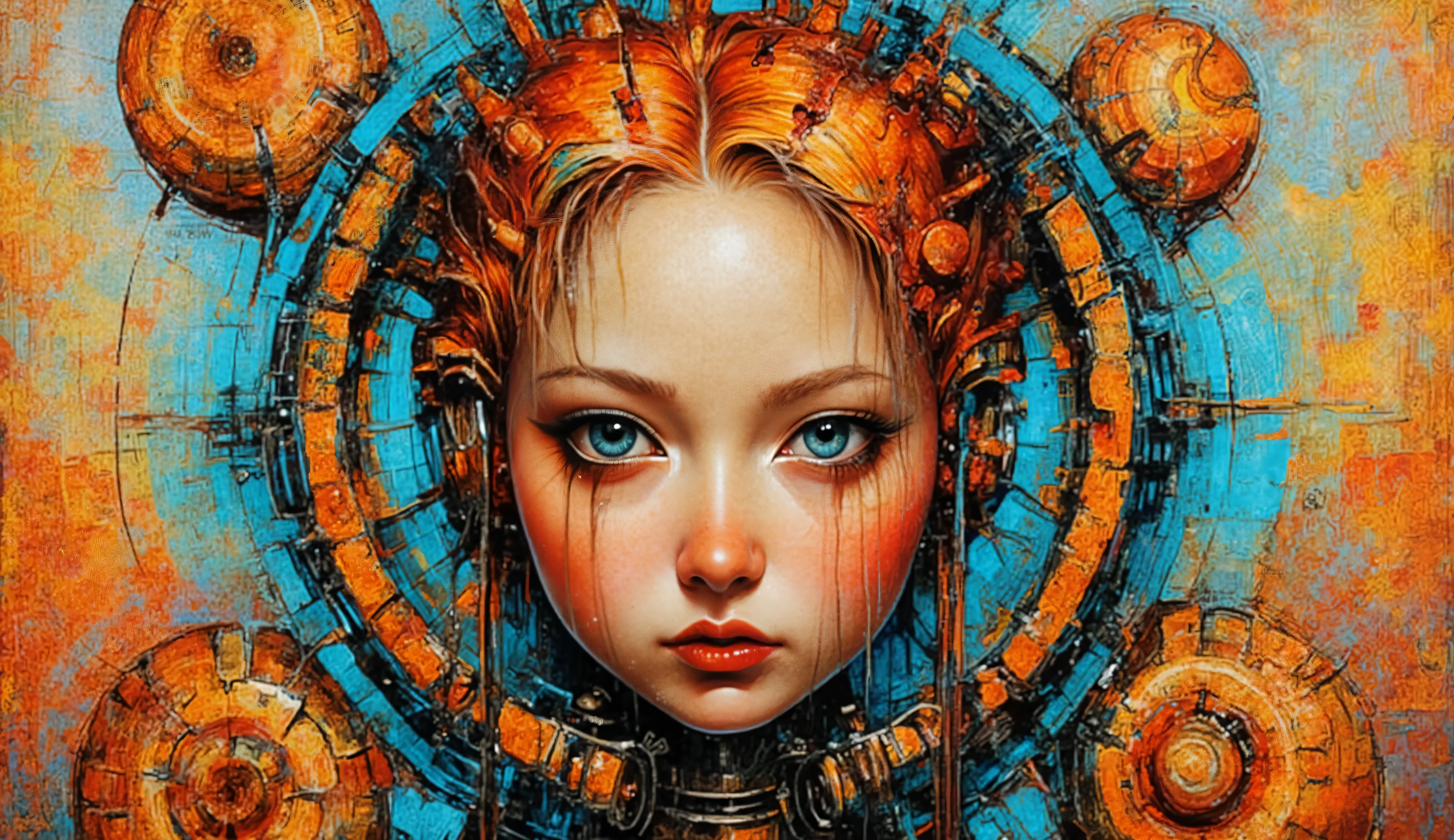 a striking, futuristic portrait of a young woman with vibrant orange hair. Her face is set against a backdrop of abstract geometric shapes and mechanical elements, blending organic and technological themes. The color palette is rich with oranges, reds, and soft blues, creating a visually dynamic contrast. The composition suggests a fusion of human and machine, with circular forms and intricate details surrounding her head, enhancing the modern, digital aesthetic. The expression on her face is thoughtful, adding an element of intrigue to the artwork.