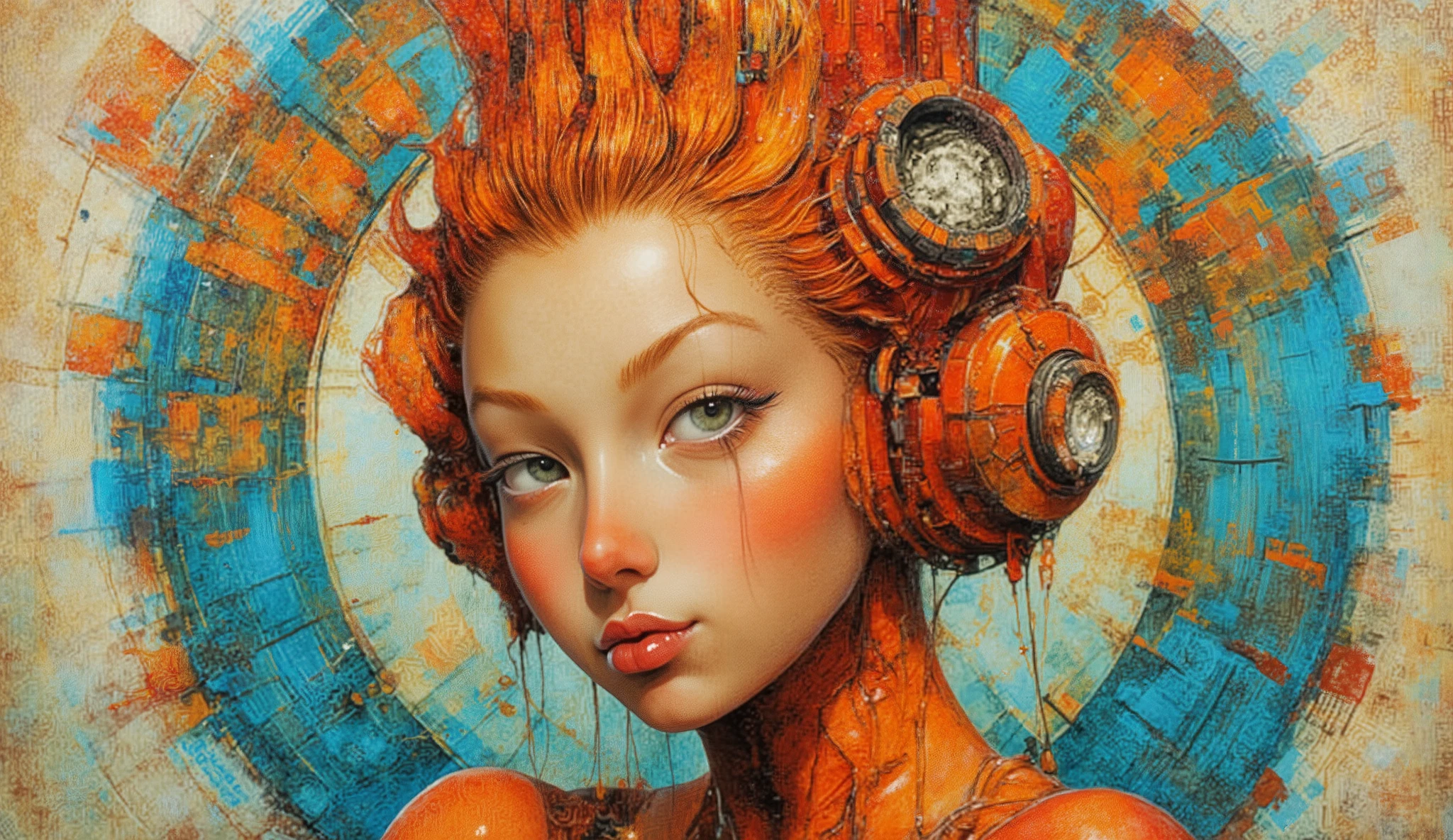 a striking, futuristic portrait of a young woman with vibrant orange hair. Her face is set against a backdrop of abstract geometric shapes and mechanical elements, blending organic and technological themes. The color palette is rich with oranges, reds, and soft blues, creating a visually dynamic contrast. The composition suggests a fusion of human and machine, with circular forms and intricate details surrounding her head, enhancing the modern, digital aesthetic. The expression on her face is thoughtful, adding an element of intrigue to the artwork.