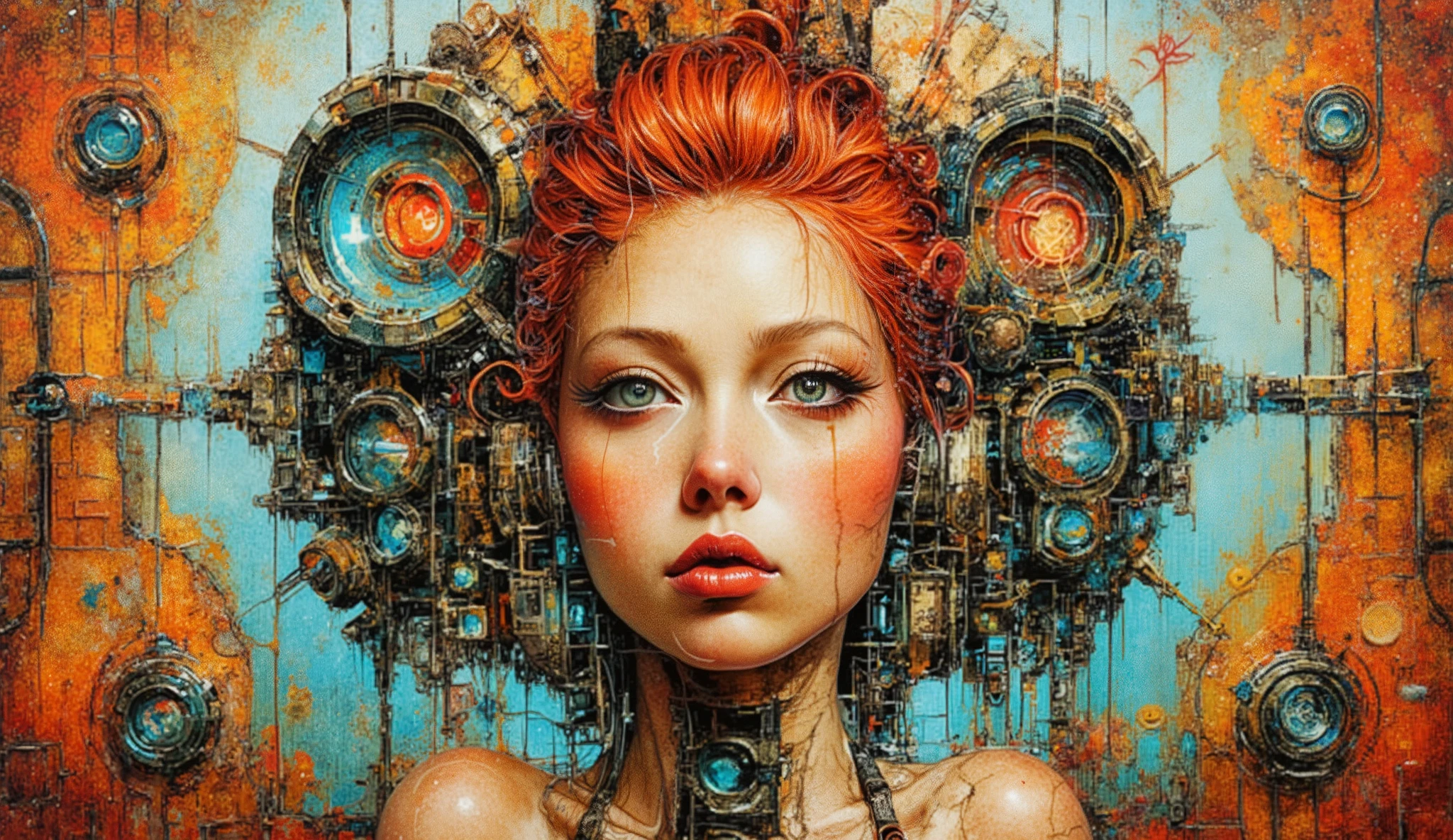  a striking, futuristic portrait of a young woman with vibrant orange hair. Her face is set against a backdrop of abstract geometric shapes and mechanical elements, blending organic and technological themes. The color palette is rich with oranges, reds, and soft blues, creating a visually dynamic contrast. The composition suggests a fusion of human and machine, with circular forms and intricate details surrounding her head, enhancing the modern, digital aesthetic. The expression on her face is thoughtful, adding an element of intrigue to the artwork.