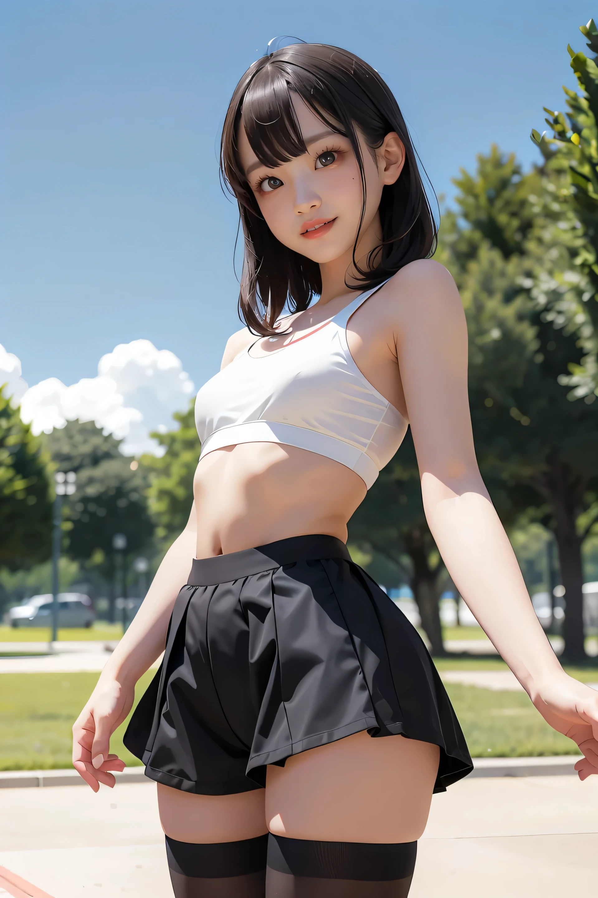 (masterpiece, highest quality:1.4), Award-winning portraits, 8k, 85mm, alone, Beautiful Face, Delicate girl,  (Cheerleader、On the grass), Sophisticated, cute, , RAW Photos, Confused, High resolution, Sharp focus, Background blur、(((Flat  、thin and delicate body、Childish atmosphere)))、shiny semi-long hair、ponytail、Mole on the left cheek、 Dark blue eyes、High Kick、the skirt is swaying in the wind、Hair swaying in the wind、sexy、Flexible legs、naked