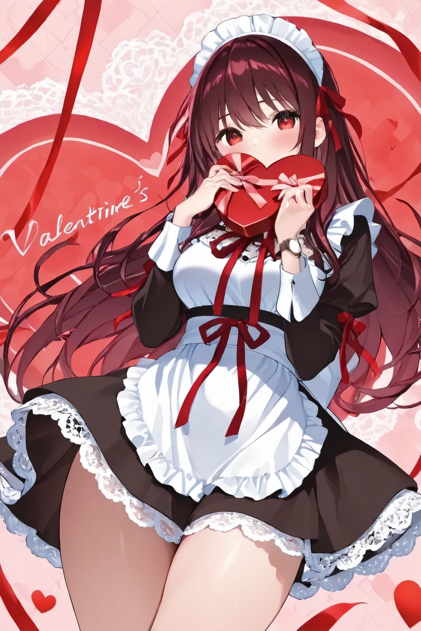 valentine、Alone , Beautiful Thighs、
red ribbon、cowboy shot, maid clothes、clavicle、white lace pattern background、
heart、