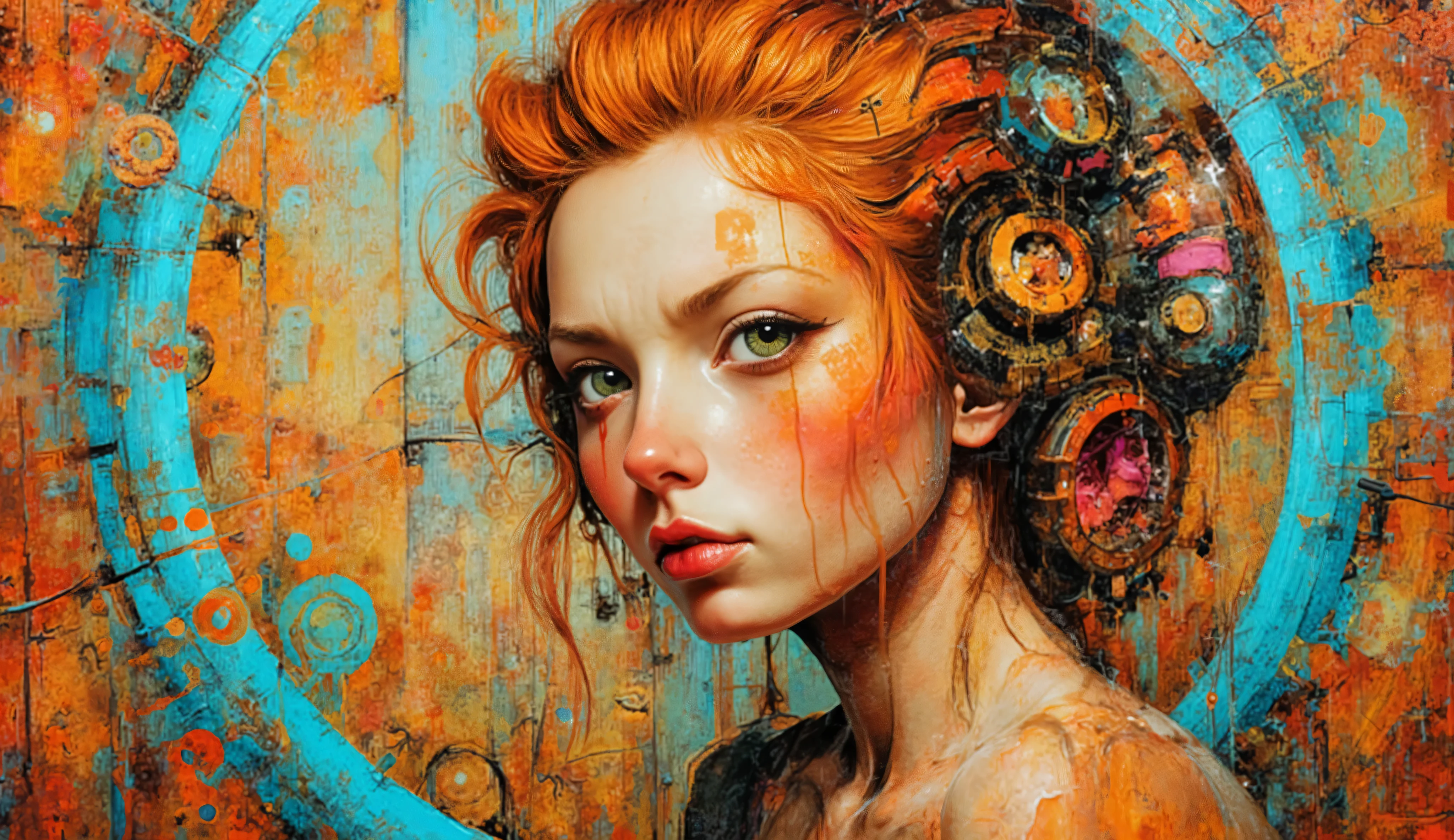 a striking, futuristic portrait of a young woman with vibrant orange hair. Her face is set against a backdrop of abstract geometric shapes and mechanical elements, blending organic and technological themes. The color palette is rich with oranges, reds, and soft blues, creating a visually dynamic contrast. The composition suggests a fusion of human and machine, with circular forms and intricate details surrounding her head, enhancing the modern, digital aesthetic. The expression on her face is thoughtful, adding an element of intrigue to the artwork.
