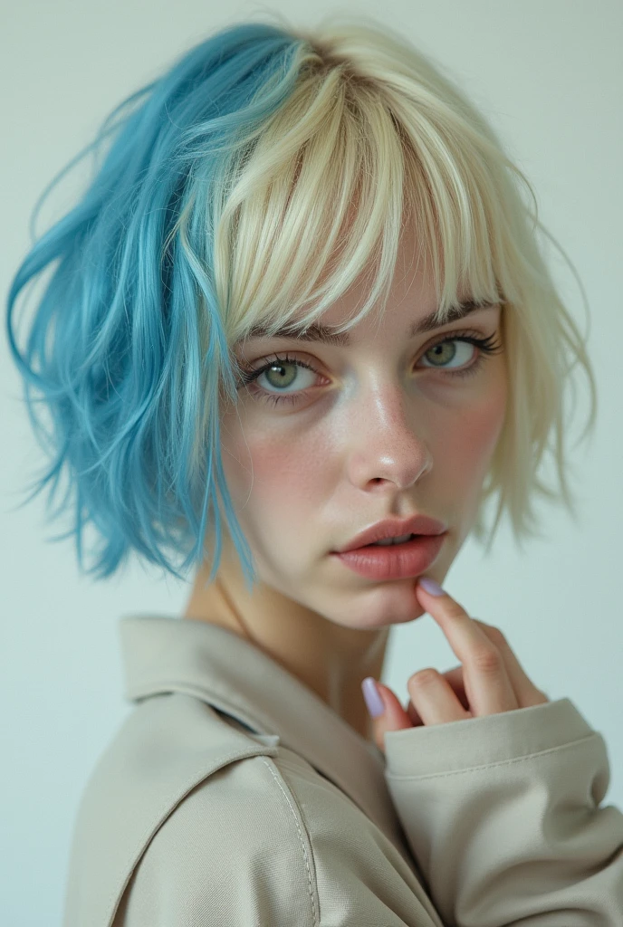 he scene is dominated by a stunning 24-year-old blonde woman, who oozes authenticity and raw beauty. Her bright blue eyes and shoulder-length hair, with hints of faded red dye, draw all the attention. With a height of 160 centimeters, she has fascinating curves, highlighted by her ample breasts and long, thin legs.
