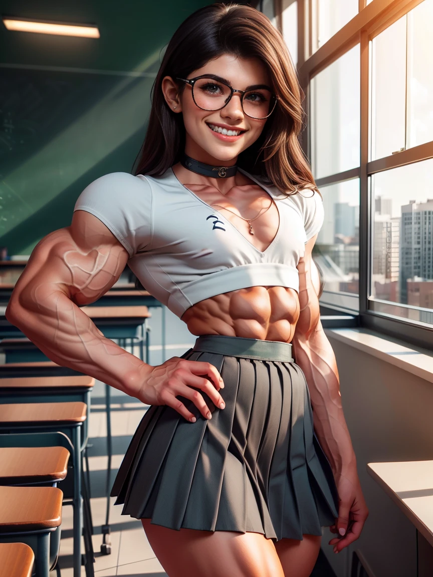((From a straight above, birds-eye perspective)), dainty, lithe, Cute, gorgeous, Caucasian girl, fit, (muscular:1.0), 18, , (flexing biceps:1.3), abs, slender, slim, long flowing brown hair, blue eyes, stunning, flawless, perfect, beautiful, cute, pretty, coy smile, masterpiece, 8k, highly detailed, tight plaid skirt, tied up white button up top, seductive smile, abs, with her standing up slightly bent, high heel knee high boots, (toned and defined muscles), high ponytail, wavy hair, indoor, classroom detention, (head tilted back:1.7), looking up and left at viewer, leaning back, (selfie view from left above:1.7), (arms reaching straight up overhead:1.8), (off center focus:1.5), (lifting man overhead)