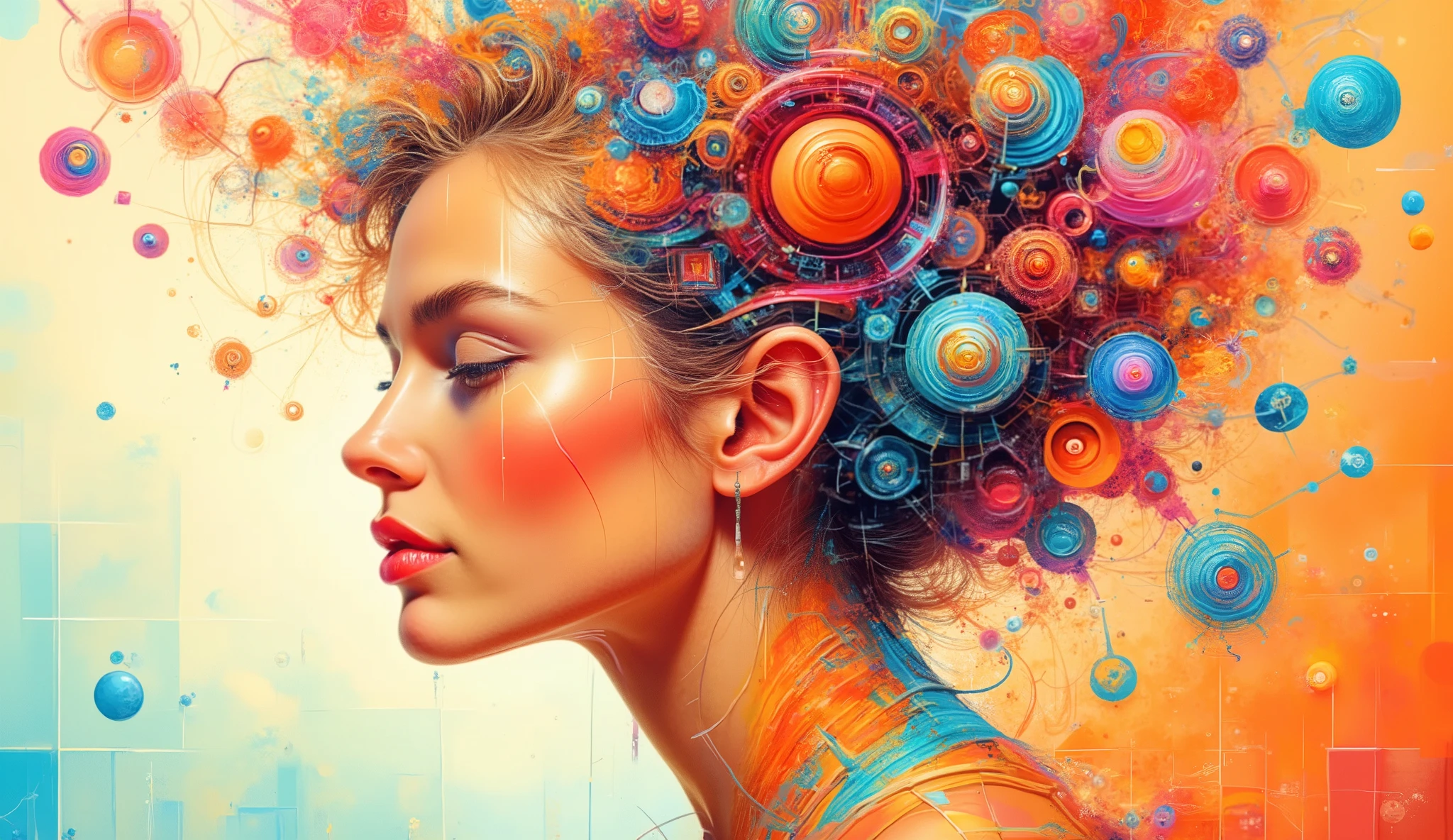 a striking profile of a woman's face, intricately intertwined with a vibrant array of abstract shapes and patterns. The color palette is dominated by warm oranges, soft blues, and various shades of pink. 

The woman's features are stylized, with smooth lines and exaggerated lips and eyes. Her hair appears to be transformed into a dynamic composition of geometric forms—circles, squares, and swirls that blend seamlessly into the background. This fusion of human form and abstract art creates a sense of innovation and creativity, suggesting themes of technology, identity, and imagination. 

The overall effect is both visually captivating and thought-provoking, inviting viewers to explore the connection between humanity and abstract design.