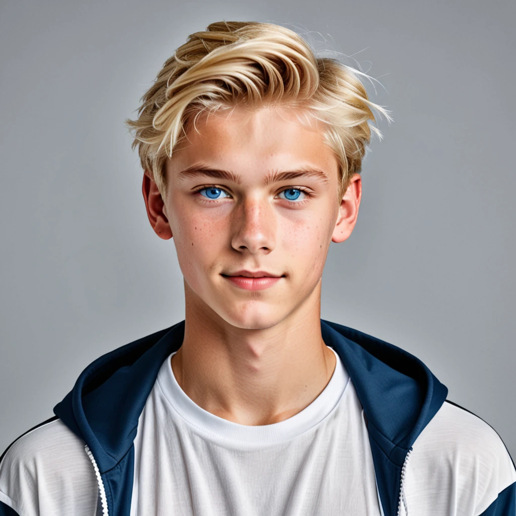 (front photo, white background) 18 year old boy. male version, blond hair, wide chin, blue eyes, handsome boy, curtain bangs. strong and muscular boy, handsome and cheerful. black t-shirt. smooth face without beard. hair with bangs. tall and strong. standing.