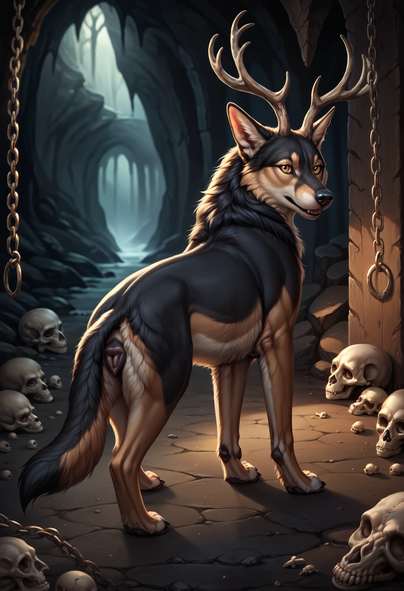 Solo, Cinematic, photorealistic, a black wolf, feral, female, furry, thick thighs, flat chested, fluffy body, with antlers, wearing a t-shirt with gold chains, bone tail, skull-faced, exposed ribs, dark body, standing, extremely detailed, full body, (((three quater back view, canine pussy, pussy focus))), with a pentagram in his abdomen, (no pupils:1.15), dark cave, detailed background