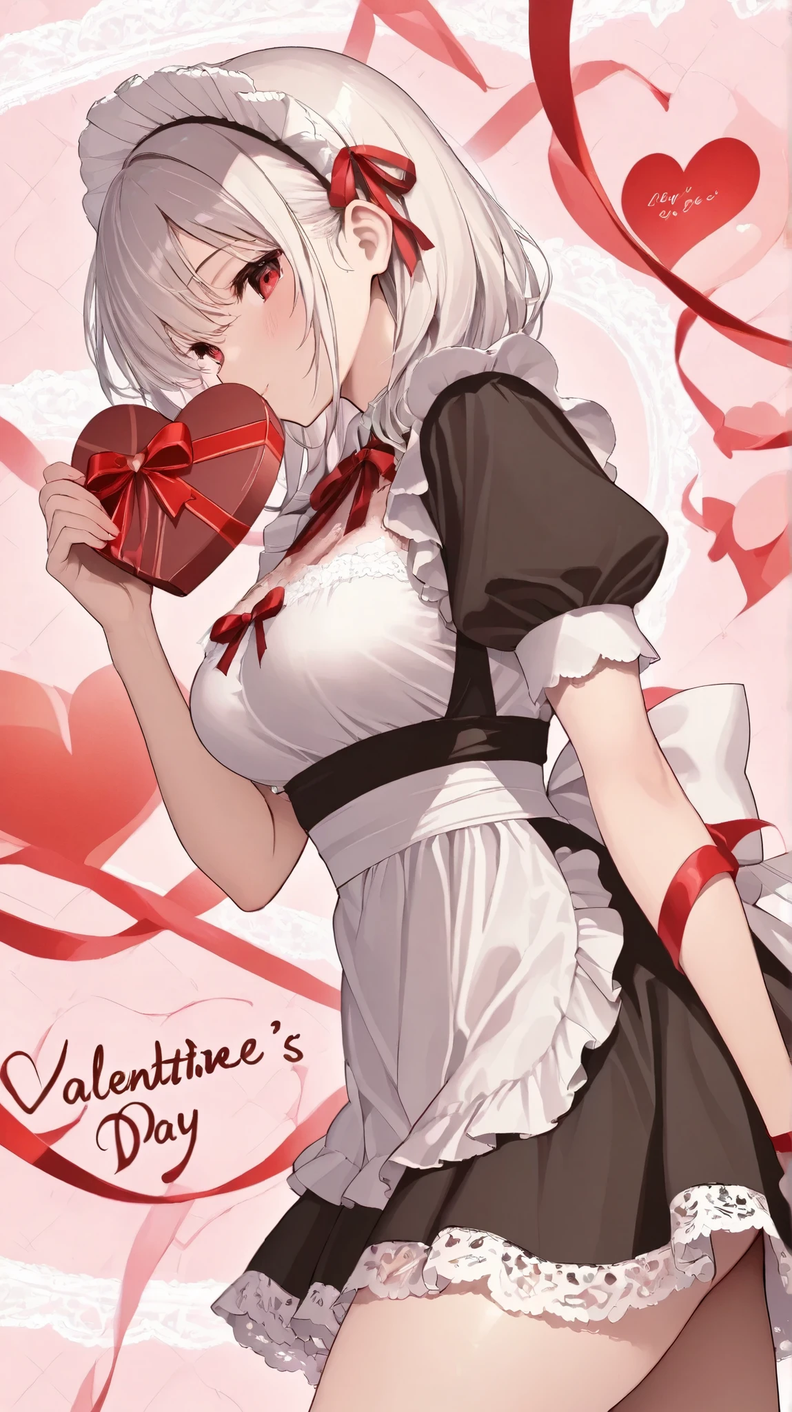 valentine、Alone , Beautiful Thighs、from side,
red ribbon、cowboy shot, maid clothes、clavicle、white lace pattern background、
heart、