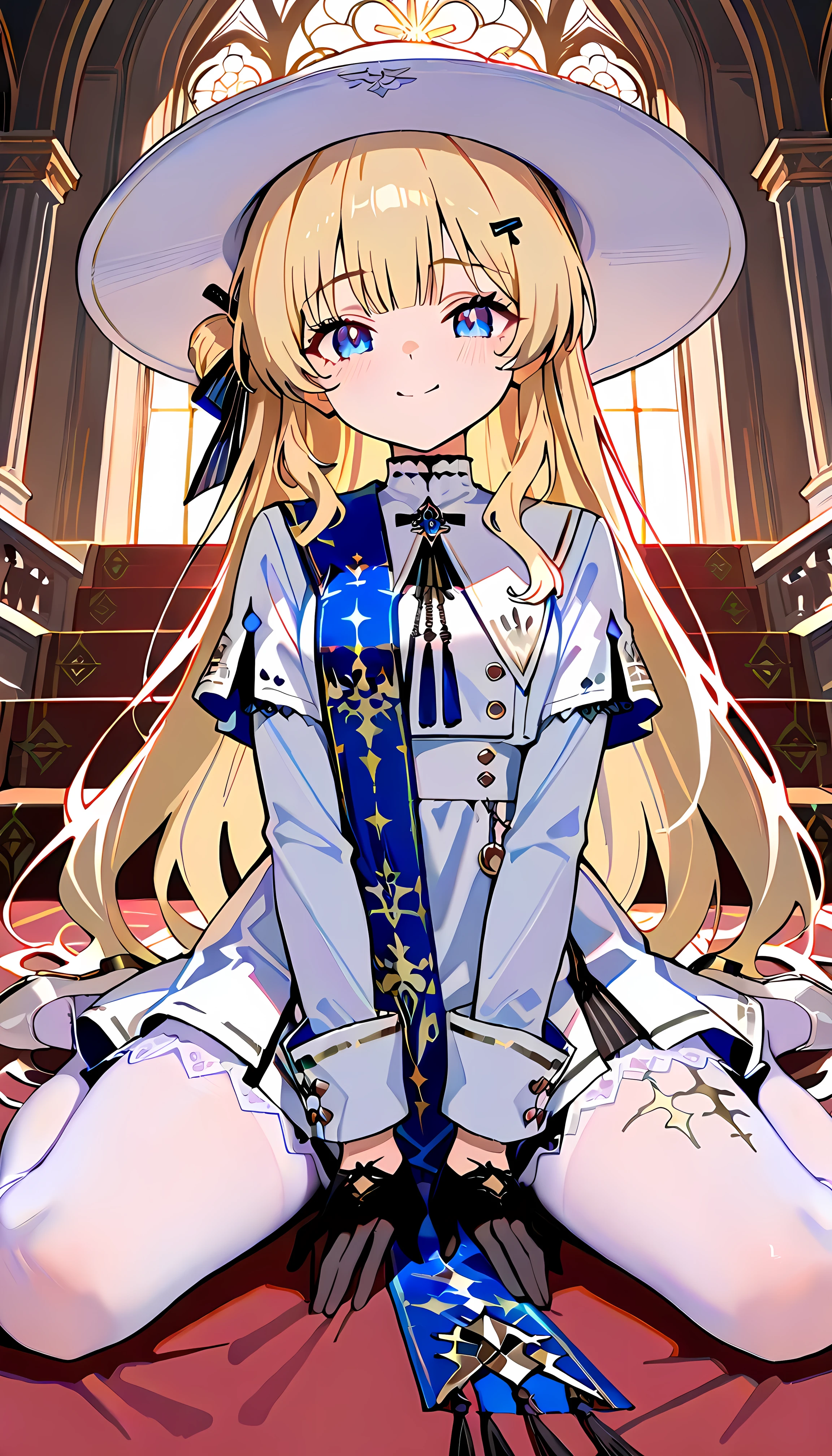 score_9, score_8_ up, score_7_ up, score_6_ up,white footwear, white pantyhose, 1 girl, Alone, smile,
,
sauce_anime, High-resolution images,masterpiece,Best Quality,girl,Cute face,Beautiful Skin,
,
Gold, Blue Eyes, Long Sleeve , long hair, Black Glove, white dress, hair ornament, white pantyhose,Big white hat,
,
Shiny Eyes , beautiful eyes, enchantment, erotic, shiny skin thighs, sexy,
,
super cute and beautiful, top quality, Sendance, Petite, , ray tracing , dynamic lighting during sex, staring at the viewer ,Personage as the main perspective, wariza,
,
( complex background, have lots of elements in the background:1.2), ( Masterpiece:1.2), Hi-Res, great quality, Very Aesthetic