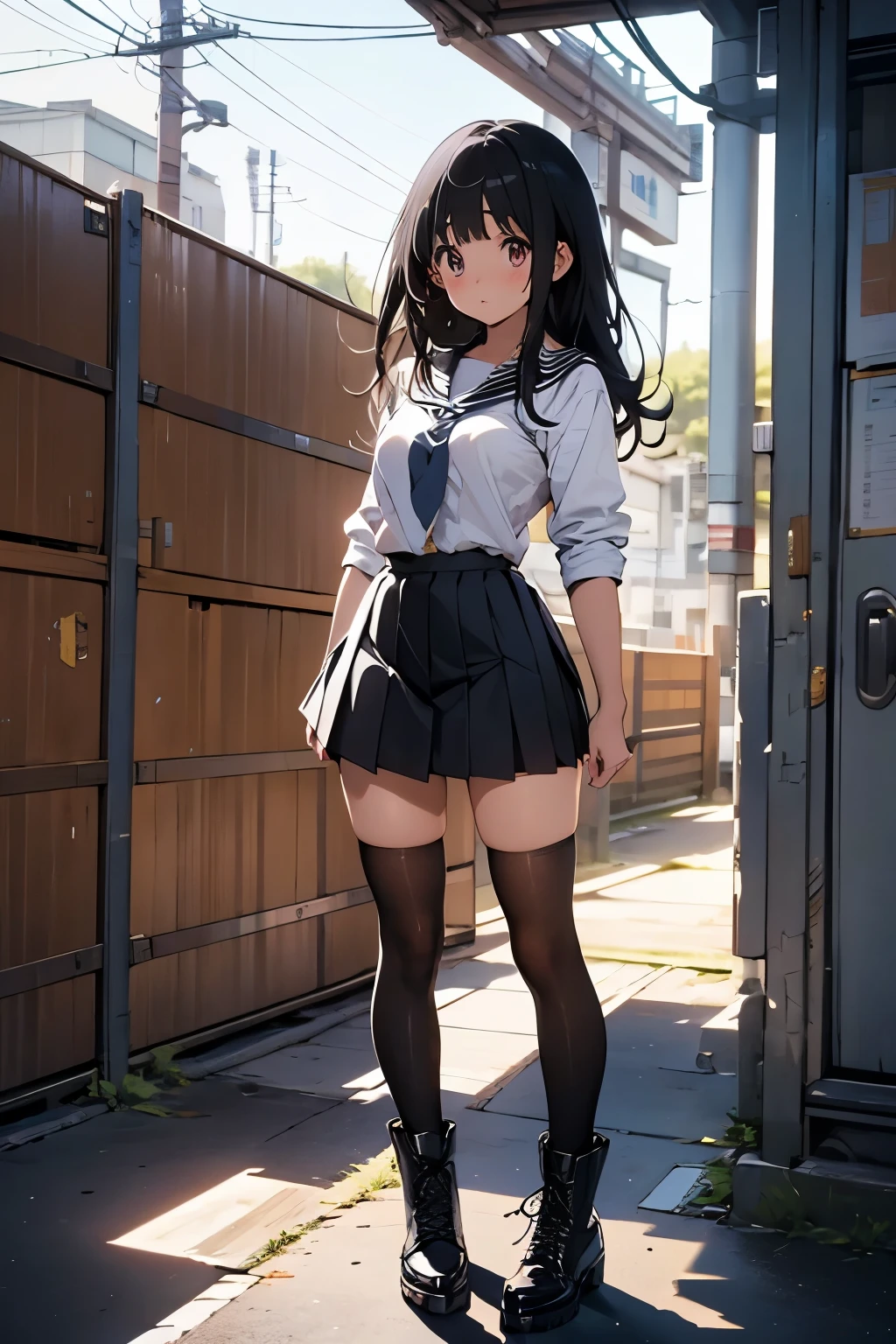 looking at the viewer, chitanda eru, medium breasts, black pleated miniskirt, thigh highs, bangs, black boots, one girl, hands behind her back, ultra detailed, masterpiece, full body, standing