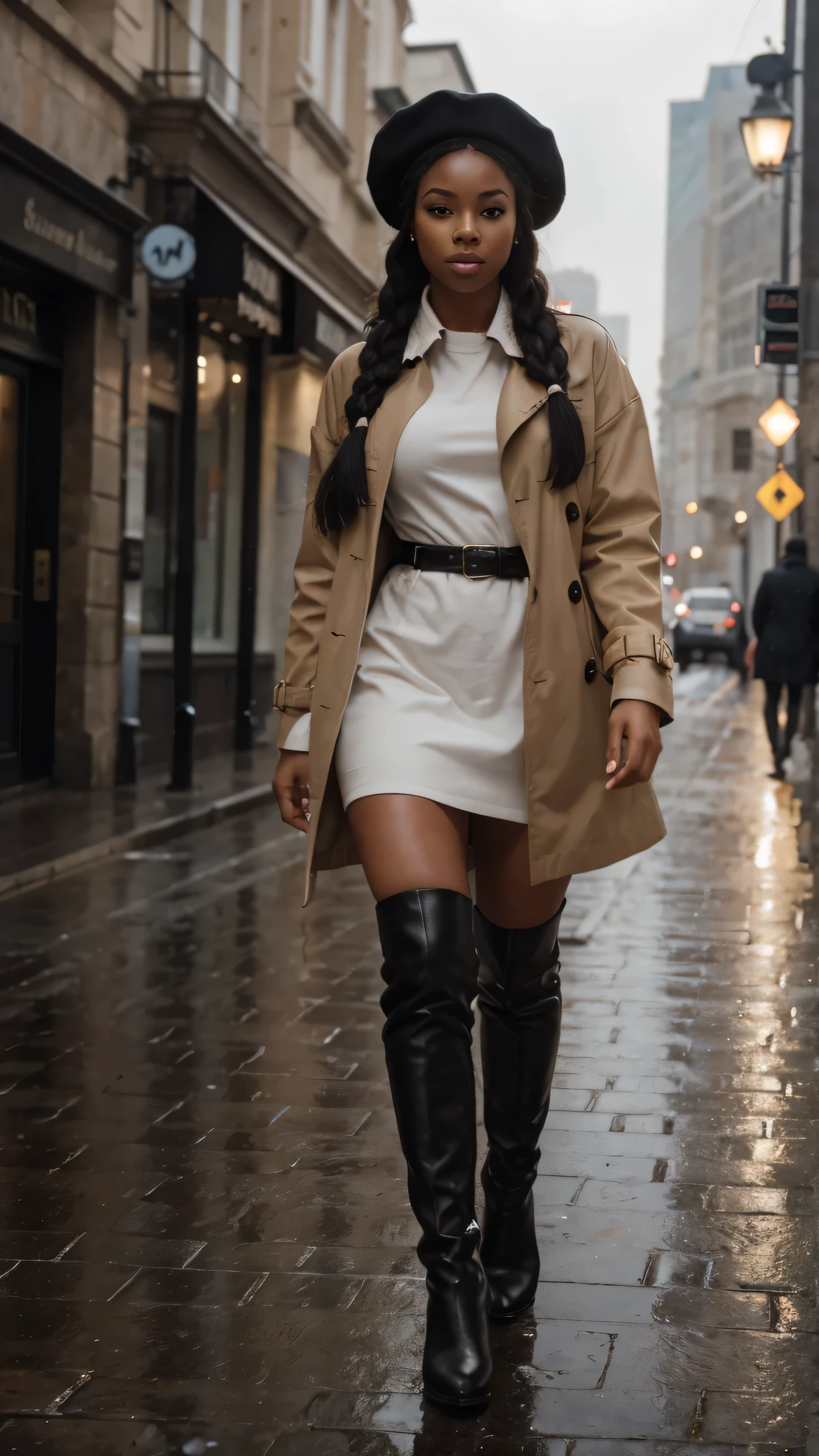 The 23-year-old light-skinned Black woman strolls down a cobblestone street in the rain, wearing a fitted trench coat and knee-high boots. Her radiant complexion glistens with soft raindrops, and her soulful gaze is lost in thought. Her braids peek from under a stylish beret, as city lights reflect off the wet pavement. UHD, ultra-detailed, moody urban atmosphere.
Perfect anatomy, perfect hands, perfect hair, perfect body, UHD, high-quality, high-res, award-winning. Perfect anatomy, Perfect eyes, perfect hands, perfect body, perfect hair, perfect breast, accurate, UHD, retina, masterpiece, anatomically correct, textured skin, super detail, high details, high quality, award winning, best quality, highres, 16k, 8k