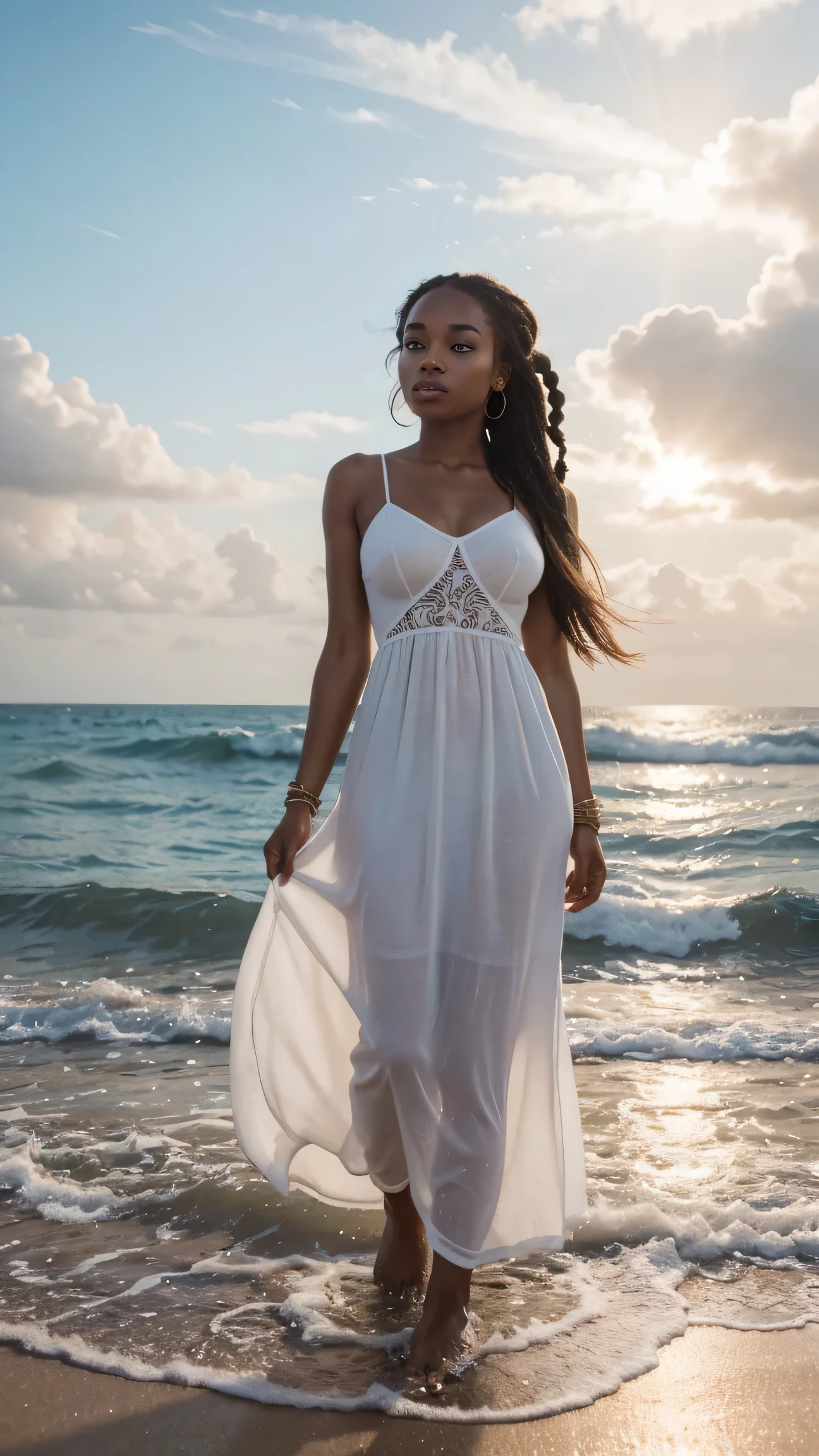 The 23-year-old light-skinned Black woman stands barefoot on the shore, wearing a flowing white sundress that flutters in the ocean breeze. Her radiant complexion glows in the golden sunset, and her soulful gaze reflects the rhythmic waves. Her braids, kissed by salt and sun, frame her peaceful expression. UHD, ultra-detailed, tranquil seaside setting.
Perfect anatomy, perfect hands, perfect hair, perfect body, UHD, high-quality, high-res, award-winning. Perfect anatomy, Perfect eyes, perfect hands, perfect body, perfect hair, perfect breast, accurate, UHD, retina, masterpiece, anatomically correct, textured skin, super detail, high details, high quality, award winning, best quality, highres, 16k, 8k