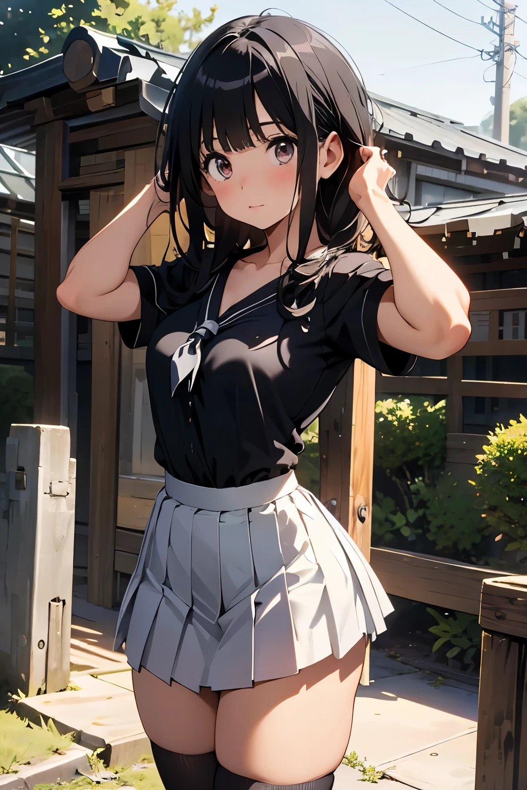 looking at the viewer, chitanda eru, medium breasts, black pleated miniskirt, thigh highs, bangs, v-neck shirt, one girl, hands behind her back, ultra detailed, masterpiece, cowboy shot, standing