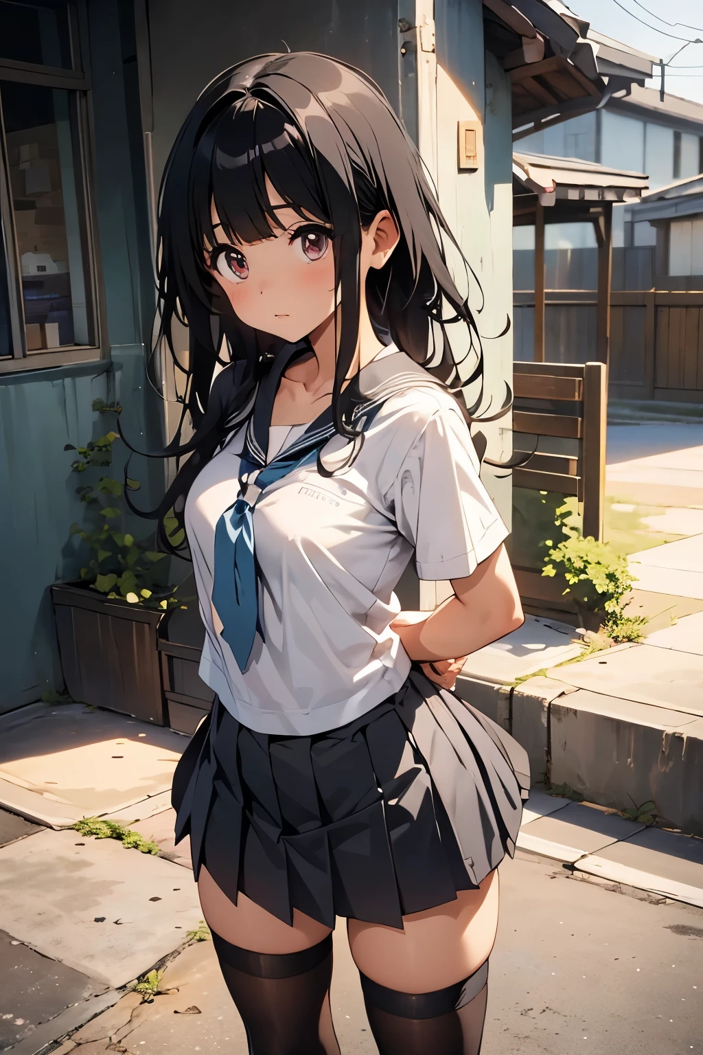 8-year-old Elementary school girl Flat Chest Black Hair Long Hair Purple Eyes 1 person White T-shirt on upper body White sports bra navy blue mini skirt White panties White socks sports boots ((White pantiesが見える)) Are standing Dynamic Angle Low - Angle