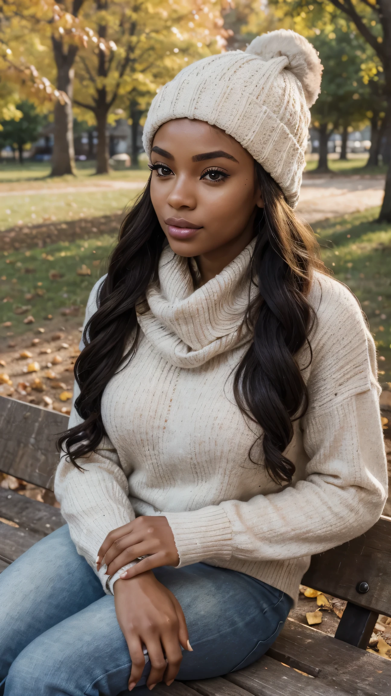 The 23-year-old light-skinned Black woman sits on a wooden bench in a park, wrapped in a cozy rust-colored sweater and plaid scarf. Her radiant complexion is illuminated by the golden autumn leaves around her, and her soulful gaze follows the gentle fall of a leaf. Her neatly braided hair peeks out from beneath a wool beanie, adding to the warm, nostalgic vibe. UHD, ultra-detailed, cozy autumn scenery.
Perfect anatomy, perfect hands, perfect hair, perfect body, UHD, high-quality, high-res, award-winning. Perfect anatomy, Perfect eyes, perfect hands, perfect body, perfect hair, perfect breast, accurate, UHD, retina, masterpiece, anatomically correct, textured skin, super detail, high details, high quality, award winning, best quality, highres, 16k, 8k