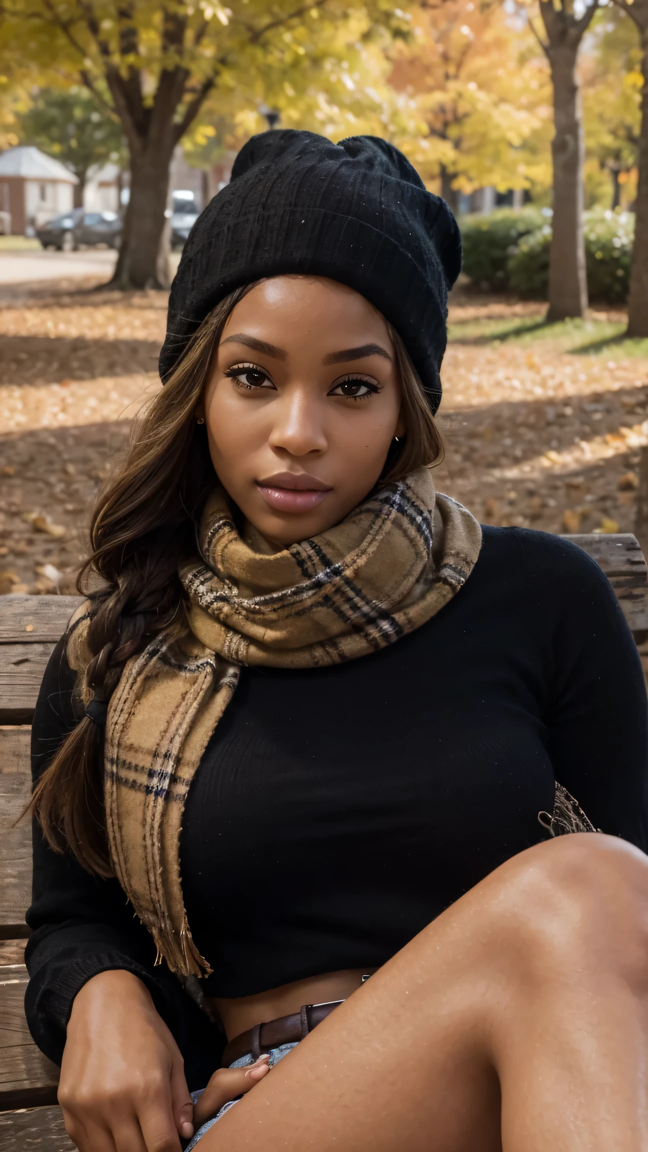 The 23-year-old light-skinned Black woman sits on a wooden bench in a park, wrapped in a cozy rust-colored sweater and plaid scarf. Her radiant complexion is illuminated by the golden autumn leaves around her, and her soulful gaze follows the gentle fall of a leaf. Her neatly braided hair peeks out from beneath a wool beanie, adding to the warm, nostalgic vibe. UHD, ultra-detailed, cozy autumn scenery.
Perfect anatomy, perfect hands, perfect hair, perfect body, UHD, high-quality, high-res, award-winning. Perfect anatomy, Perfect eyes, perfect hands, perfect body, perfect hair, perfect breast, accurate, UHD, retina, masterpiece, anatomically correct, textured skin, super detail, high details, high quality, award winning, best quality, highres, 16k, 8k