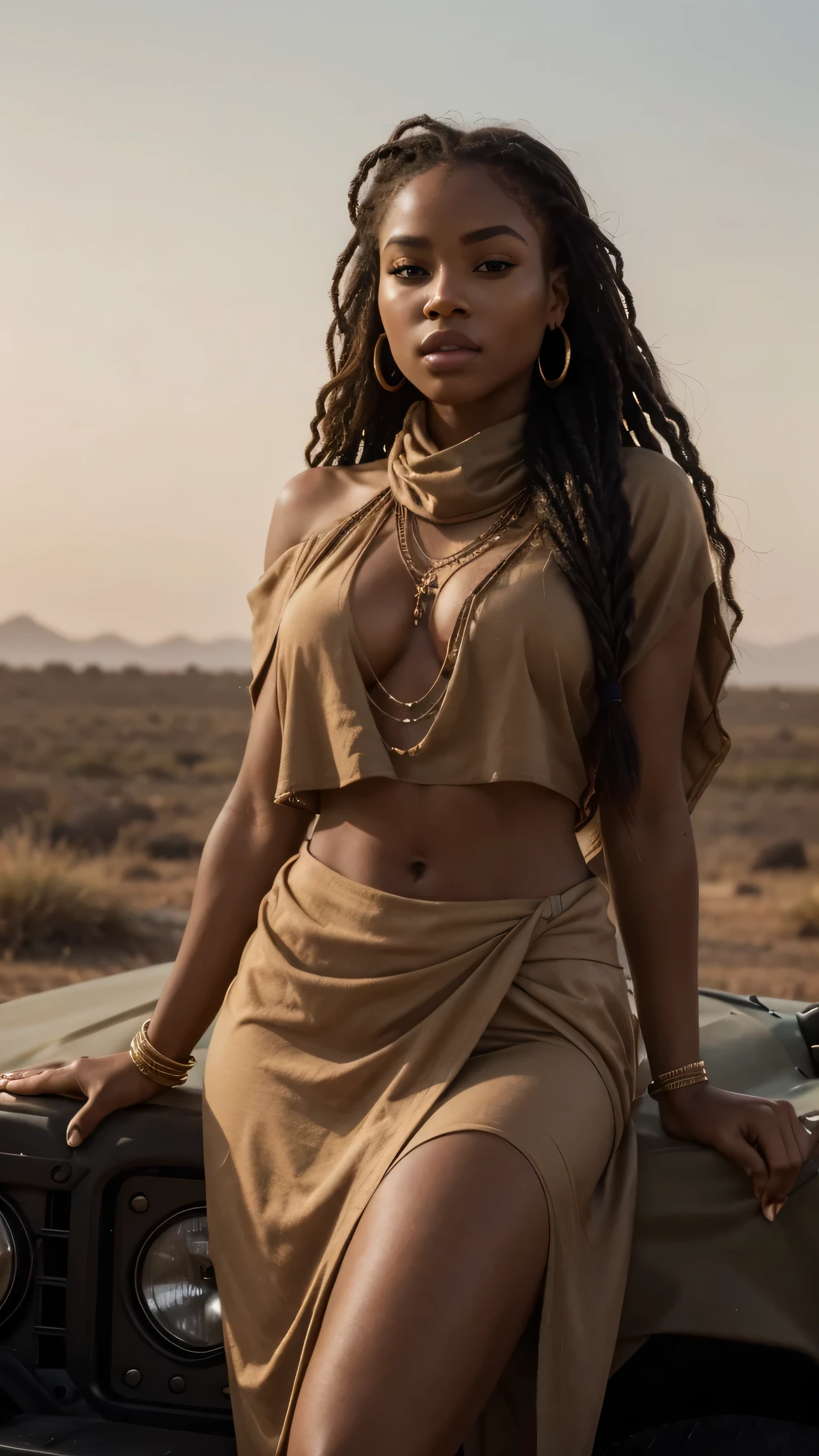 The 23-year-old light-skinned Black woman stands atop a safari jeep, wrapped in a flowing earth-toned shawl. Her radiant complexion glows under the first light of dawn, and her soulful gaze watches the distant elephants roaming the golden grasslands. Her intricately braided hair, adorned with tiny wooden beads, sways with the warm breeze. UHD, ultra-detailed, breathtaking African savanna.
Perfect anatomy, perfect hands, perfect hair, perfect body, UHD, high-quality, high-res, award-winning. Perfect anatomy, Perfect eyes, perfect hands, perfect body, perfect hair, perfect breast, accurate, UHD, retina, masterpiece, anatomically correct, textured skin, super detail, high details, high quality, award winning, best quality, highres, 16k, 8k