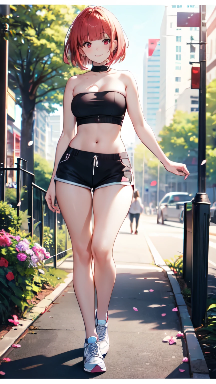 (masterpiece, best quality:1.2),1girl, (solo), Android 18 from Dragon Ball, ((floral print white sport bra, light gray dolphin shorts)), medium breasts, blunt bangs, blonde short hair, black eyes, earrings on earlobes, slim, slender feminine figure, skinny body, blush, magnificent view, blur background, 8K, the Eiffel Tower, collarbone, riverside, sky, sunny, thigh gap, (wearing glasses), full body, gray newbalance shoes, smile, sweat, open mouth,