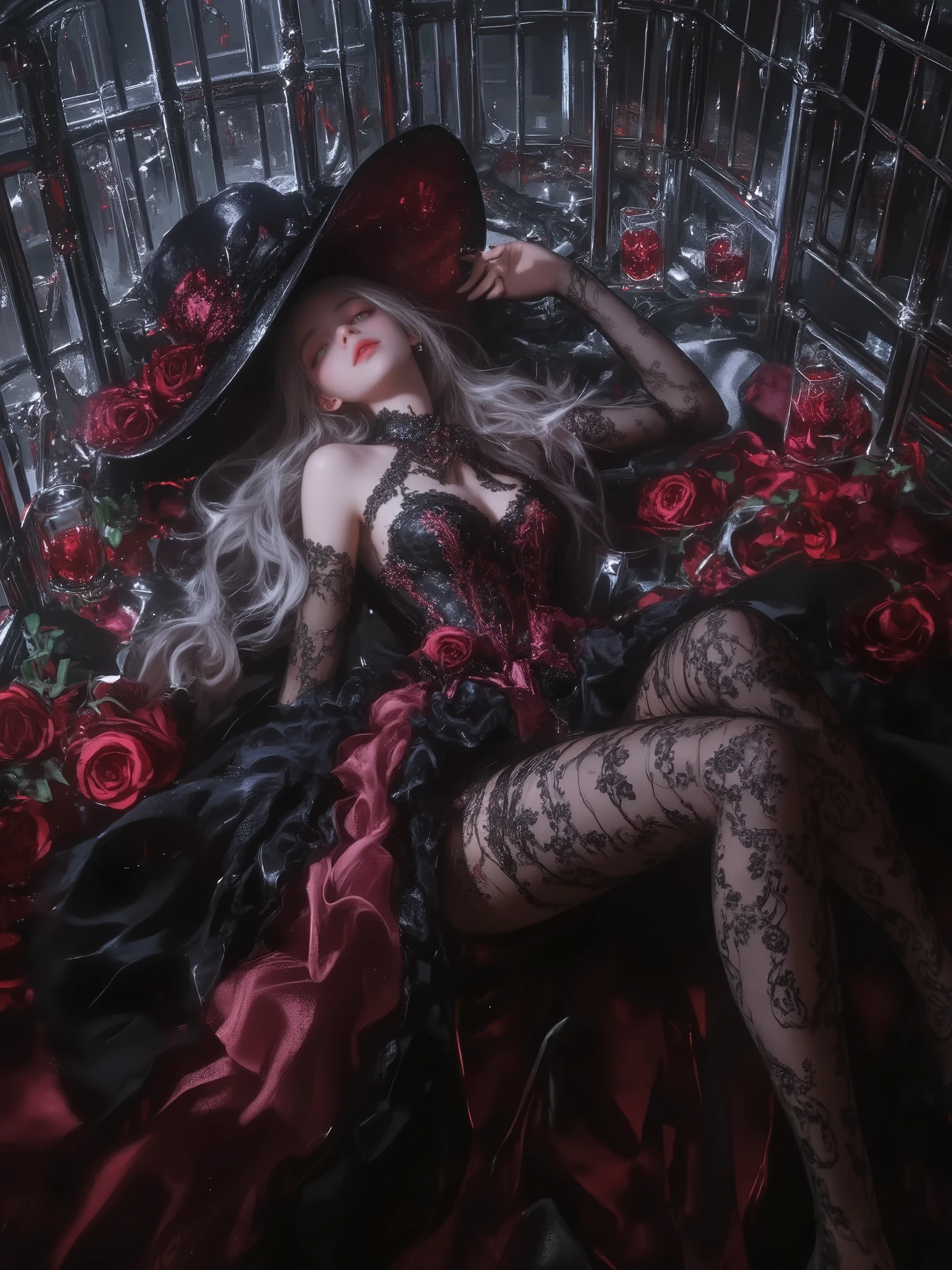 1girl,solo, Close up The scene takes place inside a large silver cage, where there is a beautiful girl sprawled out. Inside the cage there are glasses with a red liquid and many roses. The girl wears a black dress (lolita style) with ruffles on the skirt, reddish pink details, lace, roses, bows, shoulderless sleeves, long black fishnet stockings with flower designs, a large detailed black hat on her head, roses on the hat. The girl holds a small rose. The girl has an ethereal and delicate beauty, with long grayish blonde hair, light green eyes, rosy cheeks and full pink lips, dark theme, lolita theme,
(artist:quasarcake:0.8),extreme aesthetic, lolita aesthetic, (wlop:0.6),honjou honjou raita,lack,rella,wanke,raita,masterpiece,best quality,good quality, very aesthetic,absurdres,Visual impact,A shot with tension,Dynamic angle,High Angle,ultra-high resolution,32K UHD,sharp focus,best-quality,masterpiece,Emotionalization,unconventional supreme masterpiece,masterful details,temperate atmosphere,with a high-end texture,in  the style of fashion photography, lolita style (Visual impact:1.2),giving the poster a dynamic and visually striking appearance,impactful picture,
offcial art,colorful,movie perspective,masterpiece,best quality,amazing quality,very aesthetic,absurdres,best quality,newest,dynamic_angle,cinematic_angle,dutch angle,foreshortening
