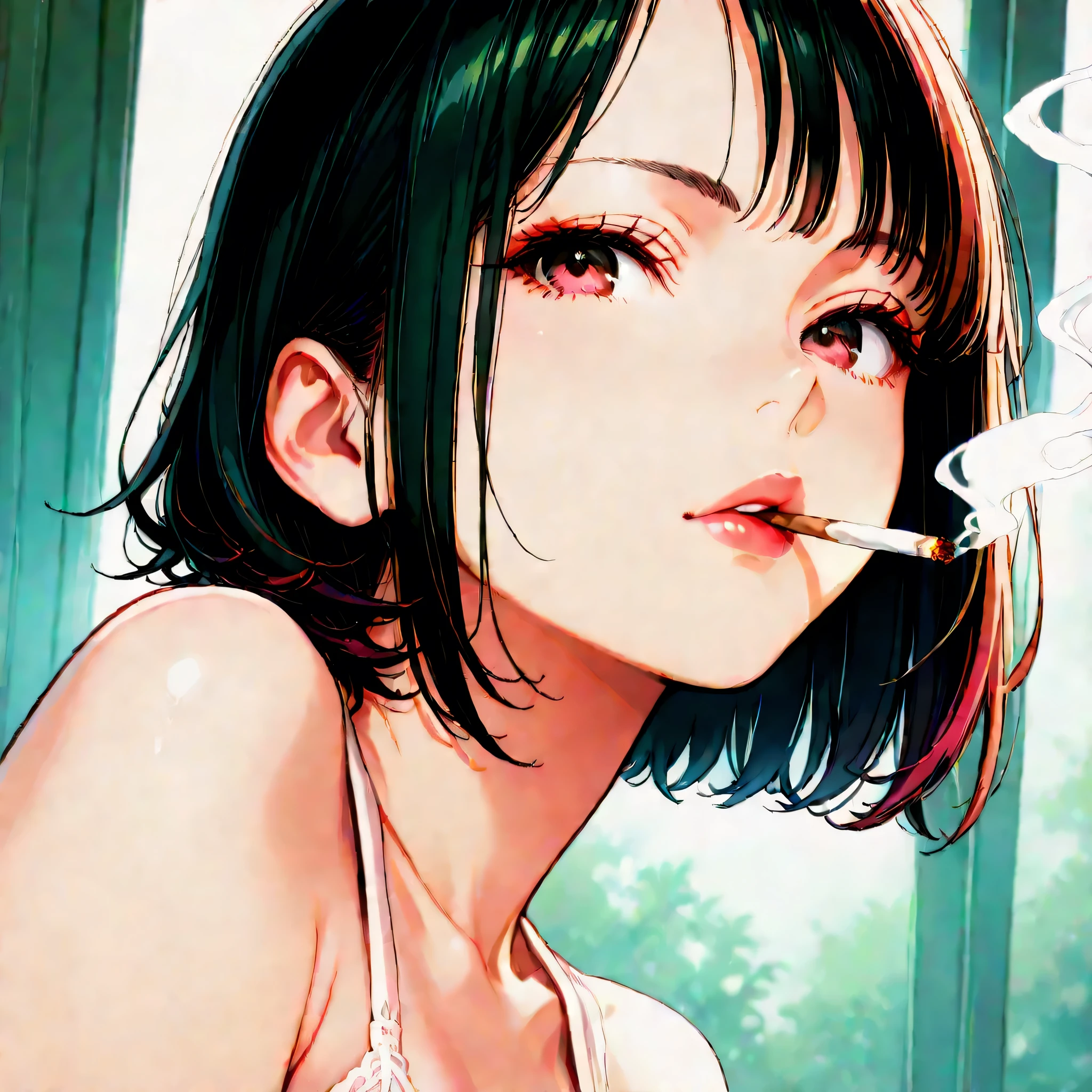 japanese girl, beautiful, short hair, smoking