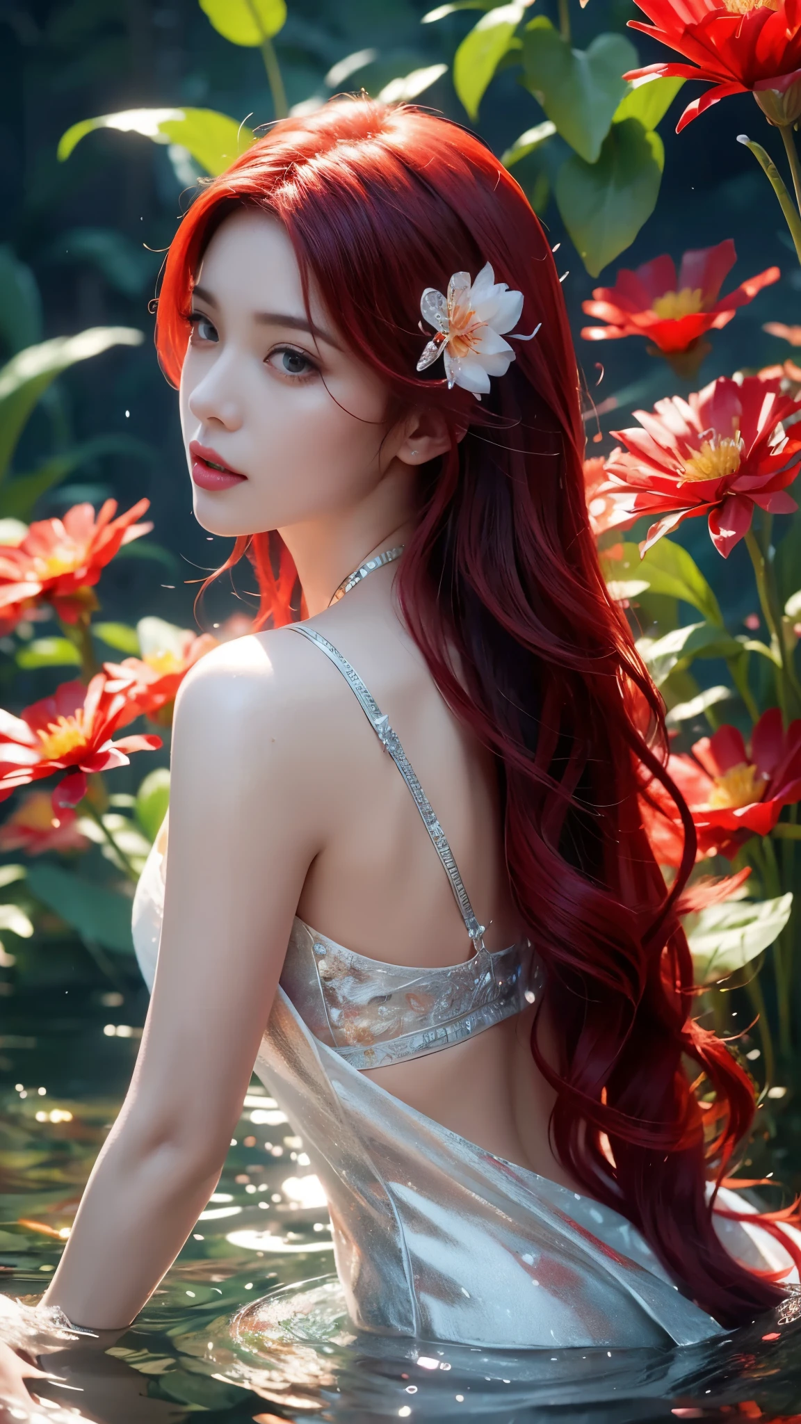 Girl In The Water, Long red flowing hair, Angel wings, an orange、amarelo、White lily flowers