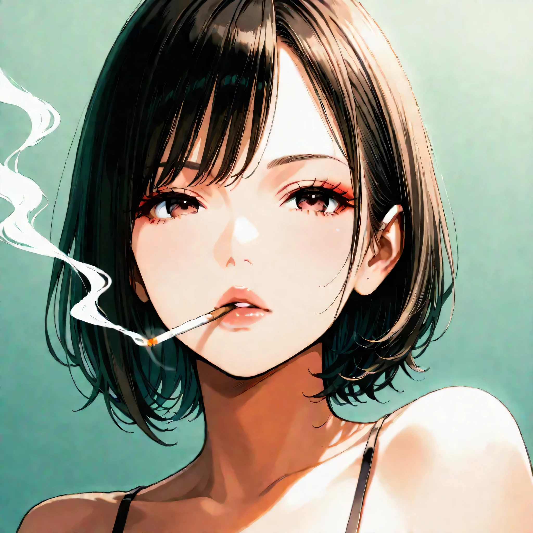 japanese girl, beautiful, short hair, smoking