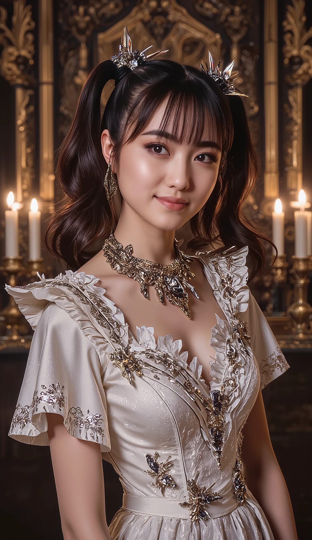 (((best quality))),(((ultra detailed))),(((masterpiece))),illustration,a girl,slim,bun,alluring,sexy,charming,smile,crystal necklace,white lace wedding dress, big breasts, hourglass figure, Set the scenario in a luxury church full of gold details, night scene, the place is enlighted by candles, keep the exact face and hair details of the selected LoRA, keep the LoRA iconic hairstyle, find the best camera angle to take the photo, realistic skin, photorealism, photorealistic, find the best pose to take the photo, keep the same hairstyle she used in babymetal