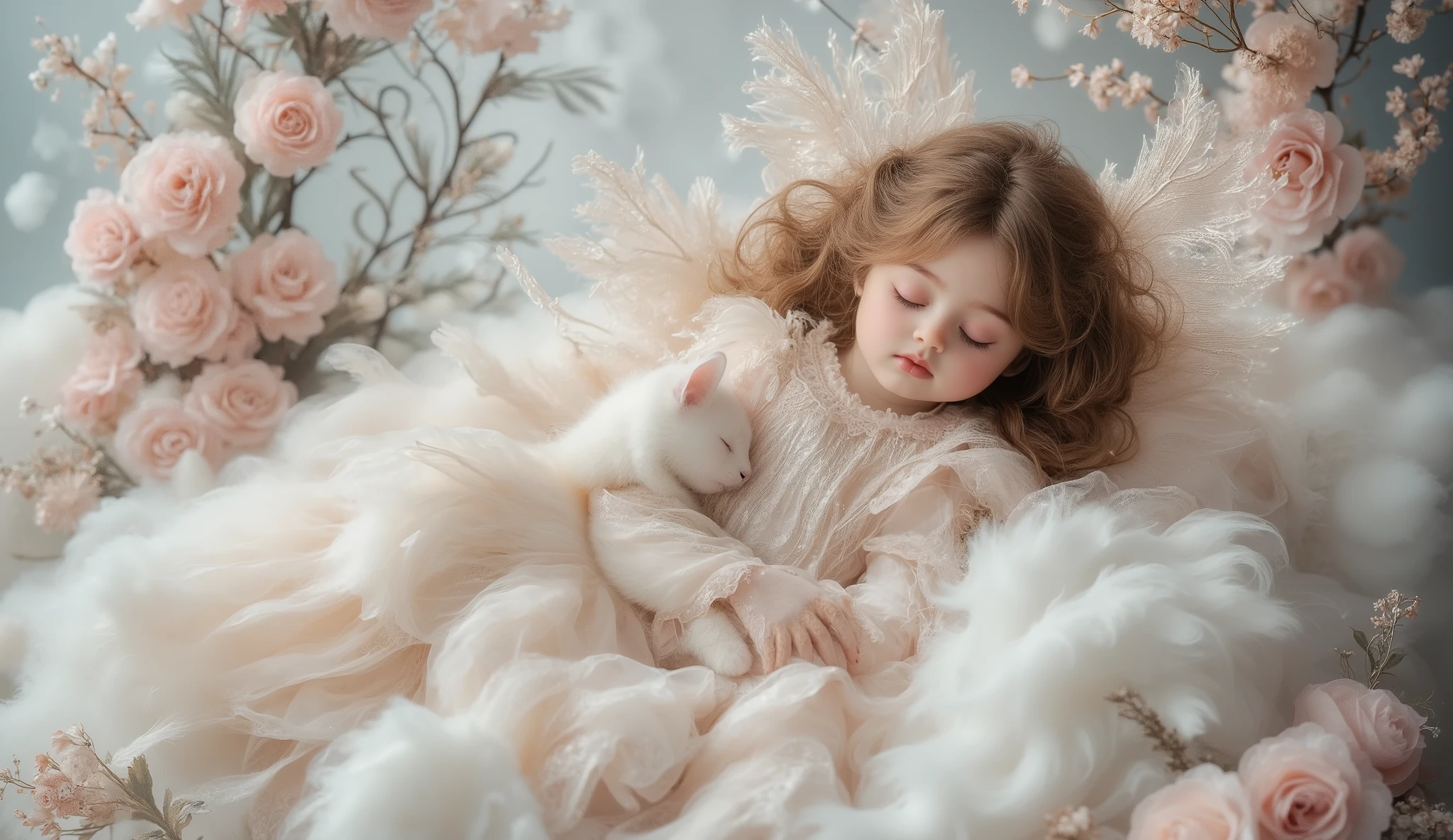 (best quality, 128k,highres,masterpiece:1.2),ultra-detailed,(realistic,photorealistic,photo-realistic:1.37), ((masterpiece)) ((photography)) ((Highest quality)) A dreamy and whimsical scene featuring a young girl with curly hair and angel wings, peacefully sleeping on a soft, fluffy cloud. She wears a pastel pink shimmering dress with delicate lace details. Nestled beside her is a fluffy white cat, both radiating tranquility. Surrounding them are ethereal elements such as soft clouds and blooming roses, with a partially visible wrought iron magical gate in the background. The overall atmosphere is serene and enchanting, capturing the essence of fantasy and innocence.