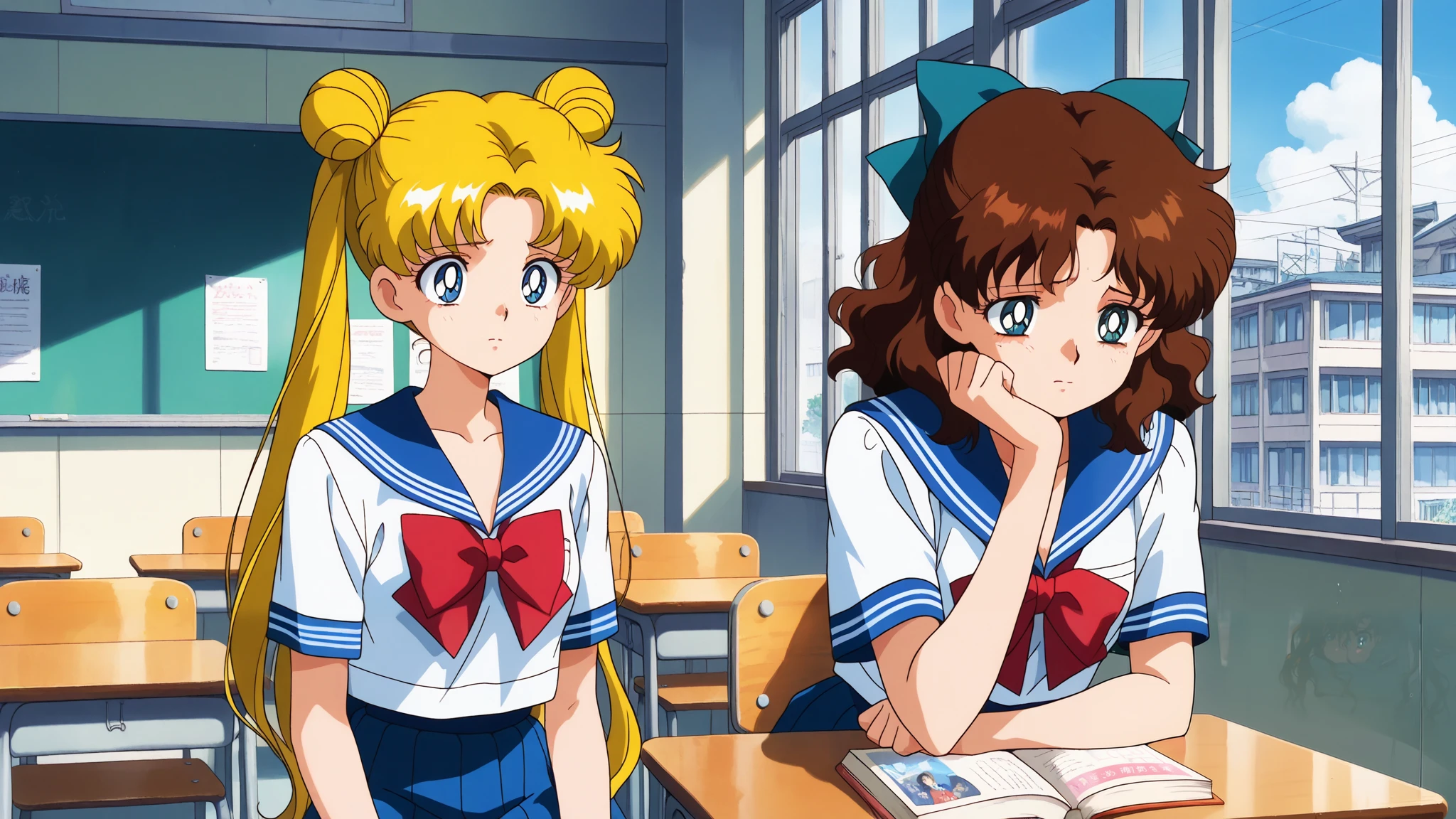 masterpiece, best quality, very aesthetic , ultra detailed, sad, with friends, brown hair, medium hair, wavy hair, teal hairbow, teal eyes, summer japanese serafuku, blue skirt, small breasts, school room, desk, window, chiar, tokyo, detailed background, intricate details, day, anime style, (ultra sharp, beautiful detailed face, dynamic shadows, Super Detailed, extremely detailed face) and friend (aausagi, blonde hair, double bun, long hair, twintails, blue eyes, summer japanese serafuku, red bow), books, study at the desk