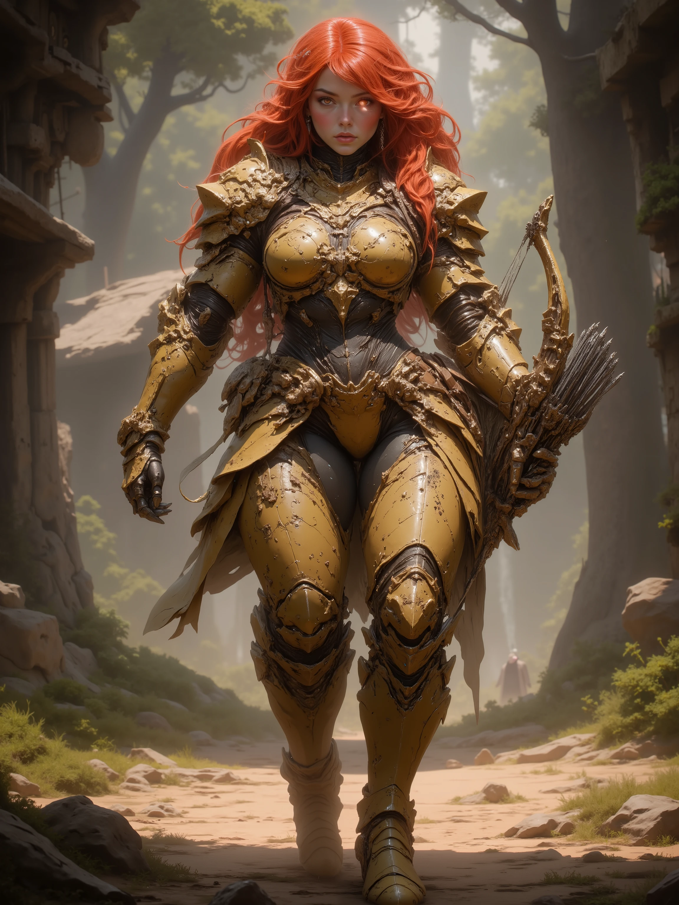 Female Elf, Long Flowing Fiery Red Hair with Blunt Bangs, Long Elven Ears, Glowing Blue and white Cybernetic Eyes, Tanned Skin, Large Breasts, Wide Hips, Thick Thighs, Long Legs, Wearing Form Fitting Advanced Golden Leaf Advanced Cybernetic Armor, Holding a Golden High tech Long Bow, Quiver full of Silver Arrows strapped to her back, walking through a forest during the day, Futuristic Tree Houses in the background