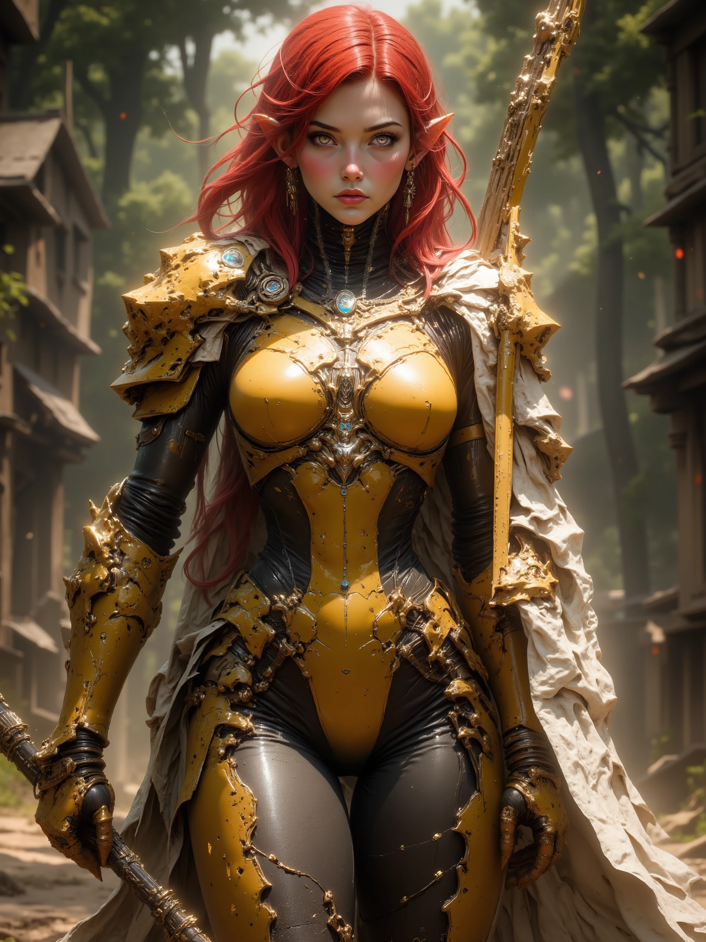 Female Elf, Long Flowing Fiery Red Hair with Blunt Bangs, Long Elven Ears, Glowing Blue and white Cybernetic Eyes, Tanned Skin, Large Breasts, Wide Hips, Thick Thighs, Long Legs, Wearing Form Fitting Advanced Golden Leaf Advanced Cybernetic Armor, Holding a Golden High tech Long Bow, Quiver full of Silver Arrows strapped to her back, walking through a forest during the day, Futuristic Tree Houses in the background
