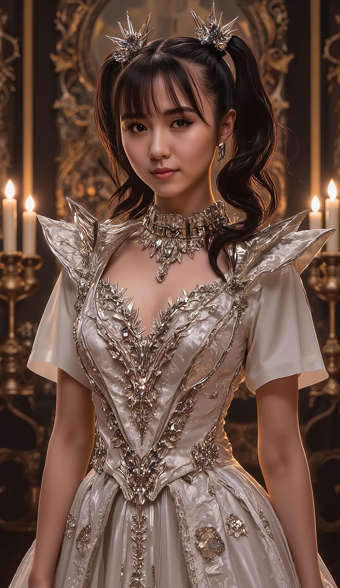 (((best quality))),(((ultra detailed))),(((masterpiece))),illustration,a girl,slim,bun,alluring,sexy,charming,smile,crystal necklace,white lace wedding dress, big breasts, hourglass figure, Set the scenario in a luxury church full of gold details, night scene, the place is enlighted by candles, keep the exact face and hair details of the selected LoRA, keep the LoRA iconic hairstyle, find the best camera angle to take the photo, realistic skin, photorealism, photorealistic, find the best pose to take the photo, keep the same hairstyle she used in babymetal
