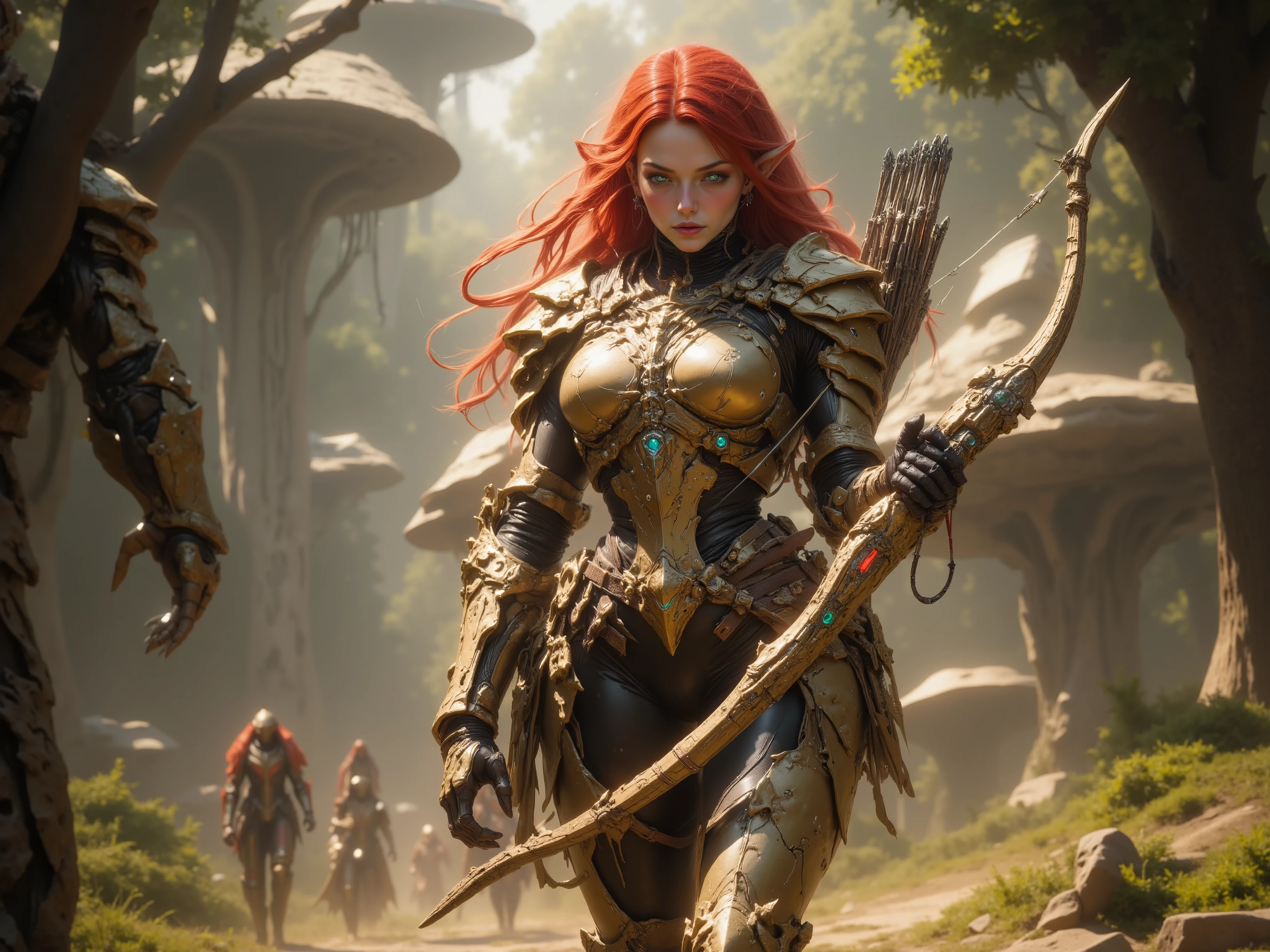 Female Elf, Long Flowing Fiery Red Hair with Blunt Bangs, Long Elven Ears, Glowing Blue and white Cybernetic Eyes, Tanned Skin, Large Breasts, Wide Hips, Thick Thighs, Long Legs, Wearing Form Fitting Advanced Golden Leaf Advanced Cybernetic Armor, Holding a Golden High tech Long Bow, Quiver full of Silver Arrows strapped to her back, walking through a forest during the day, Futuristic Tree Houses in the background