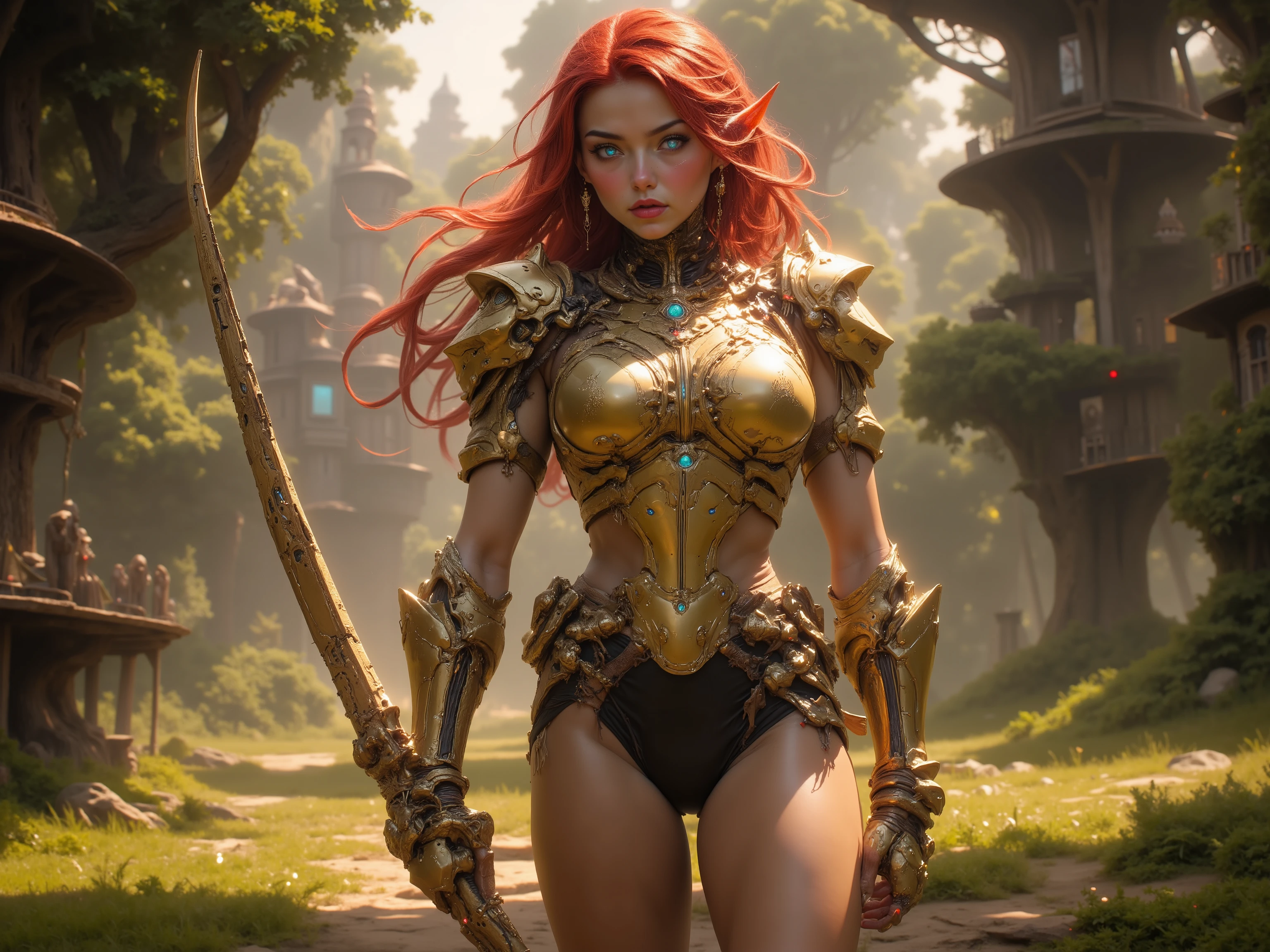 Female Elf, Long Flowing Fiery Red Hair with Blunt Bangs, Long Elven Ears, Glowing Blue and white Cybernetic Eyes, Tanned Skin, Large Breasts, Wide Hips, Thick Thighs, Long Legs, Wearing Form Fitting Advanced Golden Leaf Advanced Cybernetic Armor, Holding a Golden High tech Long Bow, walking through a forest during the day, Futuristic Tree Houses in the background