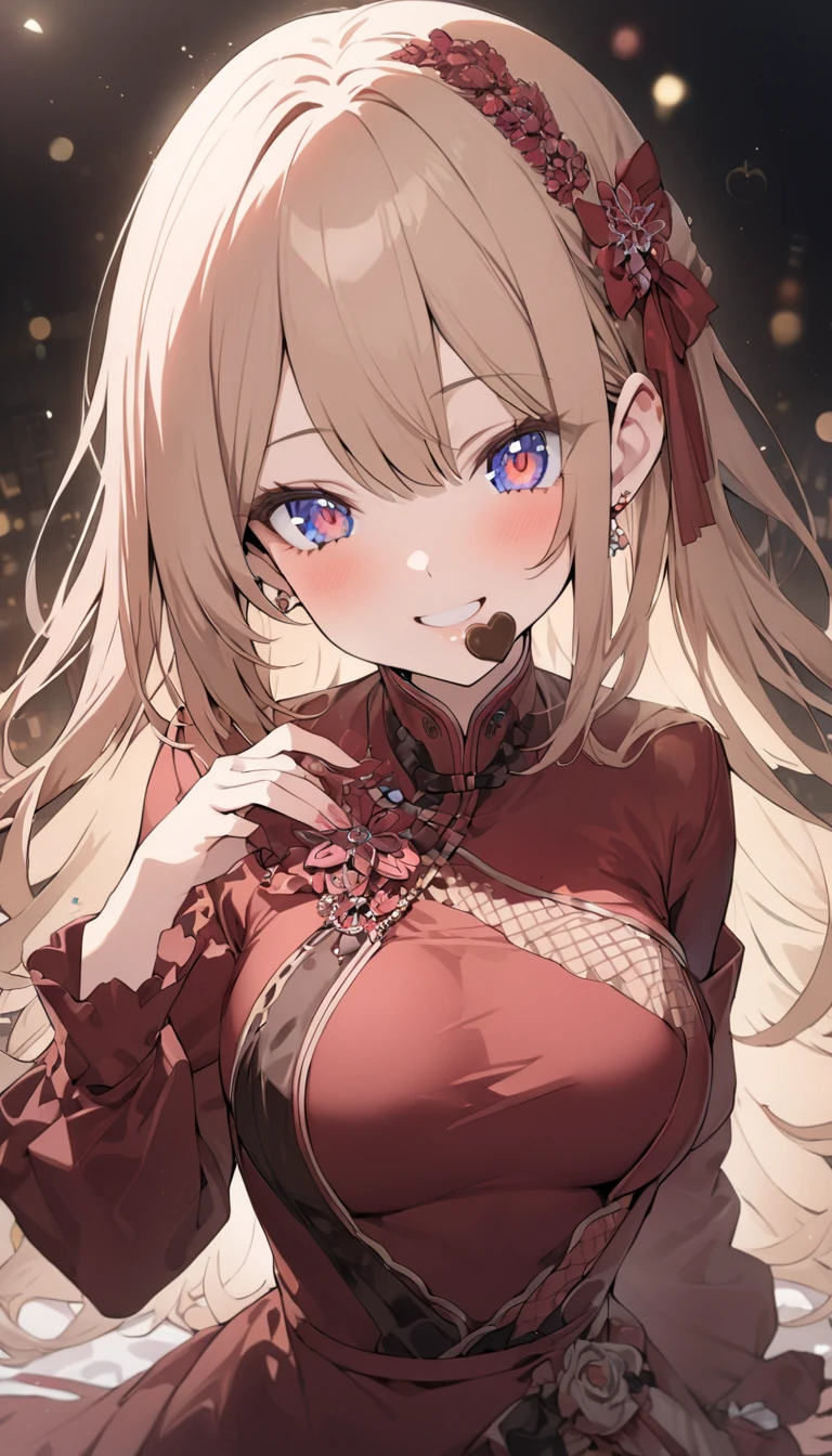 one girls:1.5、Cute baby face、Japanese、14 years old,Brown hair、parfect ???????、Red Eye Shadow、red lipsticks、slightly pink cheeks、de pele branca、ash blonde、Black Dress、Eight-headed body、small tits、Unique hairstyle、a choker、top-quality、ultra-detailliert、High quality detailing、portlate、masterpies