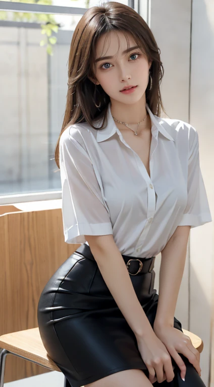 masterpiece, highest quality, Realistic, Very detailed, Finer details, High resolution, 8k wallpaper, One beautiful woman, Wear an elegant white see-through shirt, In a great restaurant, At night, Light brown messy hair, Perfect dynamic composition, Beautiful and beautiful eyes、Big earrings、Sitting in a chair、Sleeveless shirt、