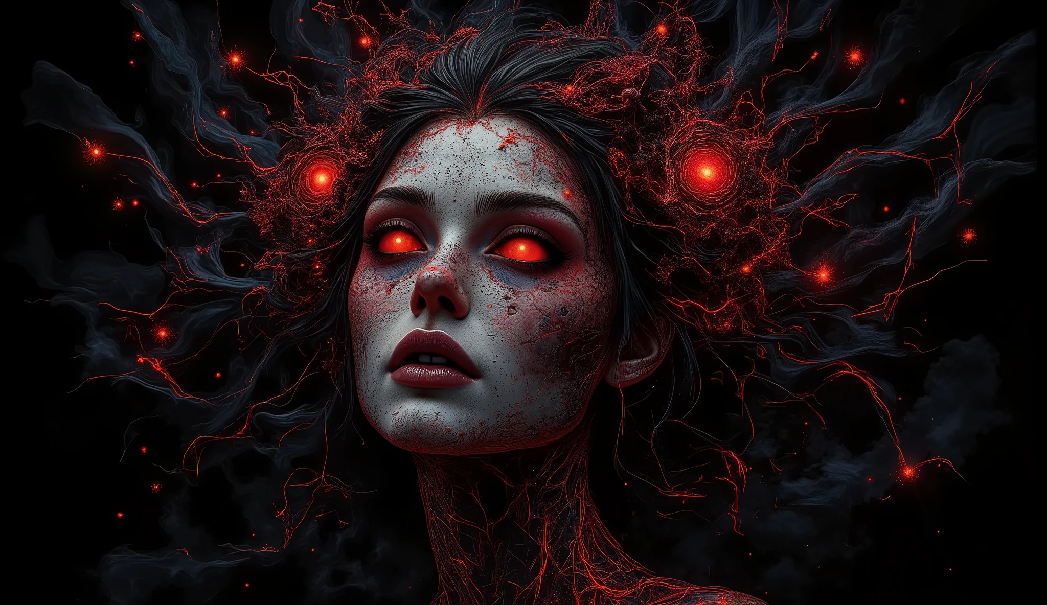 santa morte,  melhor qualidade, Pintura Digital, extremely suave, fluido, Fractais 3D, partículas de luz, sonhador, suave, cintilante, sonhador glow, arte conceitual por alberto seveso, Ana Dittmann, Arthur Rackham, esquema de cores harmonioso, 32 mil, dry charcoal and crimson color inks line art sonhador female portrait with lot of lace filigrees on black canvas illustration described in the perfect fractal style of Vassily Kandinsky, Jackson Pollock, Alphonse Mucha e Jeremy Mann, QG, 4K Modifiers: 4K 3D
 Melancolia