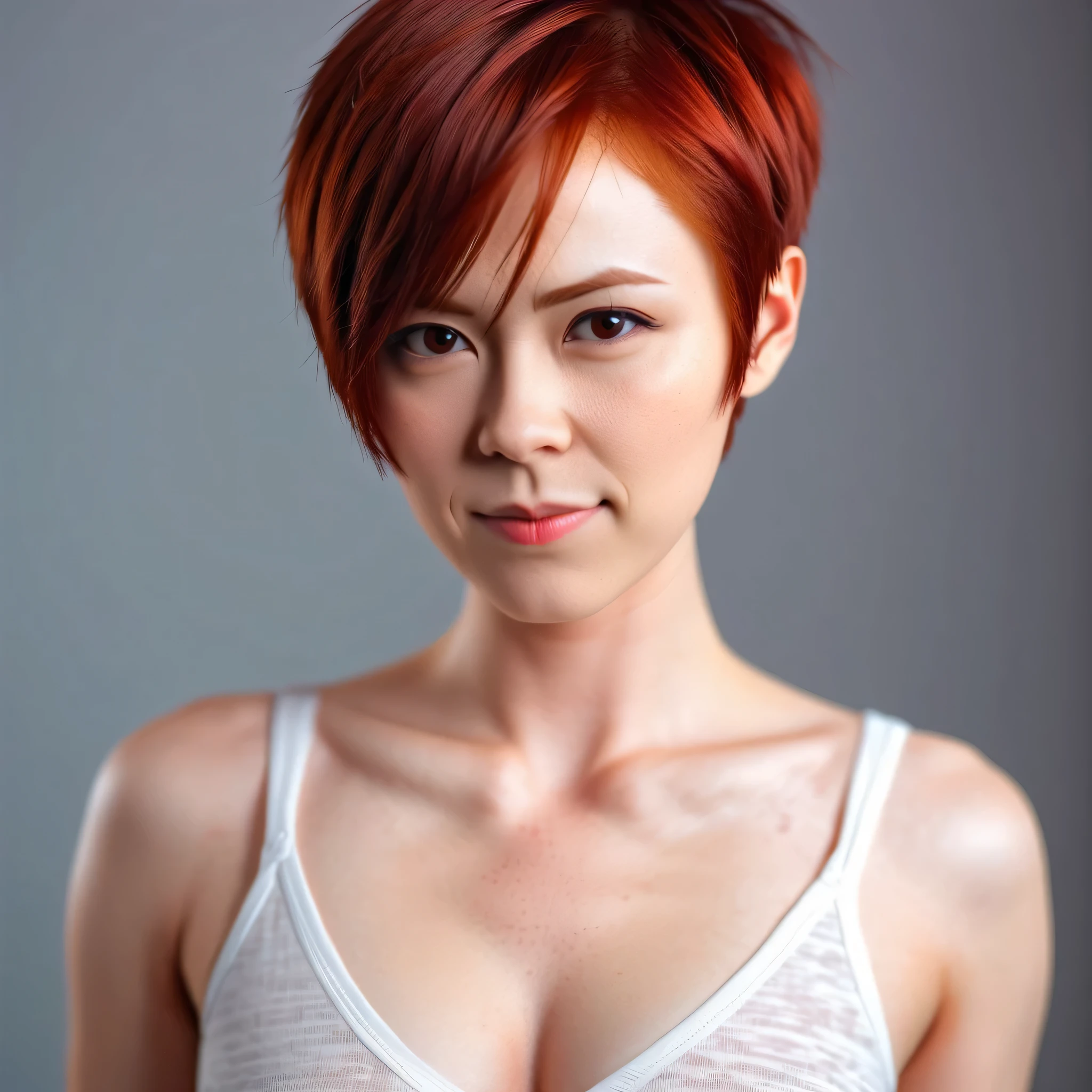 Make me a beautiful woman 19, Upper body to heart height , She is standing straight with short red hair, Focus on the V-neck, Bustbei razor-sharp