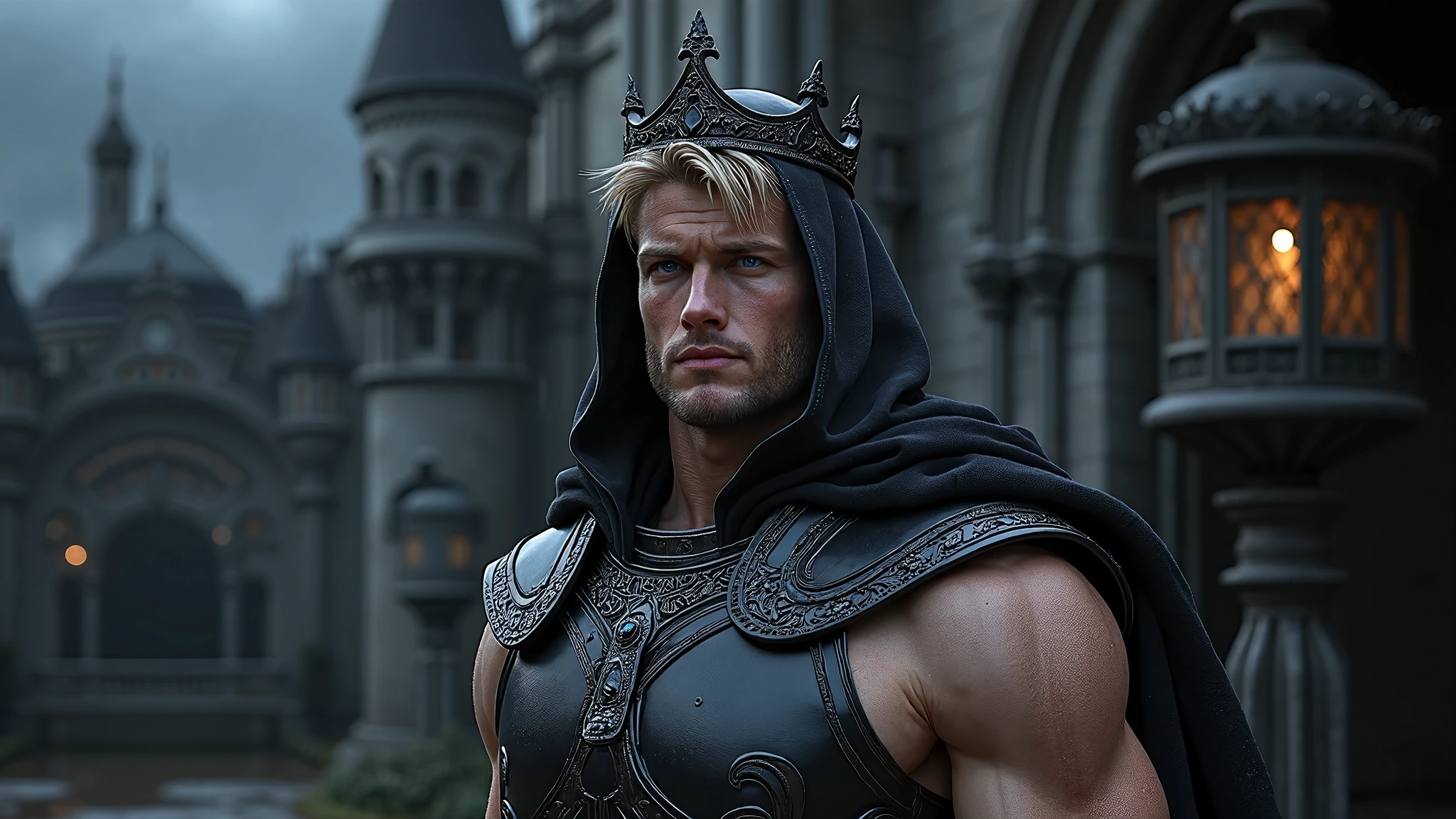 lustration in Leyendecker style : Muscular and pumped-up Prince Harry as a Beautiful Detailed Face, 4k resolution, Realistic, a perfect face, 28 years old, , light blonde hair, natural skin, Soft Impressionist, Perfect composition, a perfect face, Wearing leather armor, large bulge in the pants ,hairy chest and belly Holding a large sword in his hands, The background is a mysterious forest