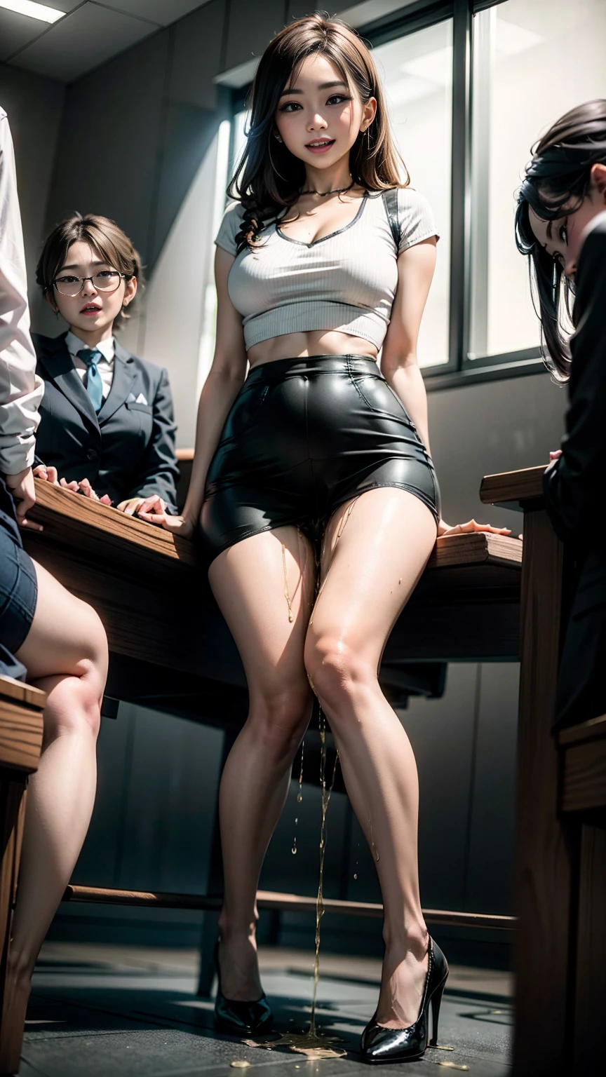 Female teacher pees in group photo、When taking a group photo with many students, only the female teacher pees、There are many students behind the female teacher.、The students are facing the same direction as the female teacher、Urinary incontinence、peeing herself、A lot of pee、From below、White Suit、White Mini Skirt、White High Heels、Perfect figure、Extremely beautiful、Peeing while standing upright、Steam rising from the pee、Female teacher is embarrassed、Many students are looking at the female teacher
