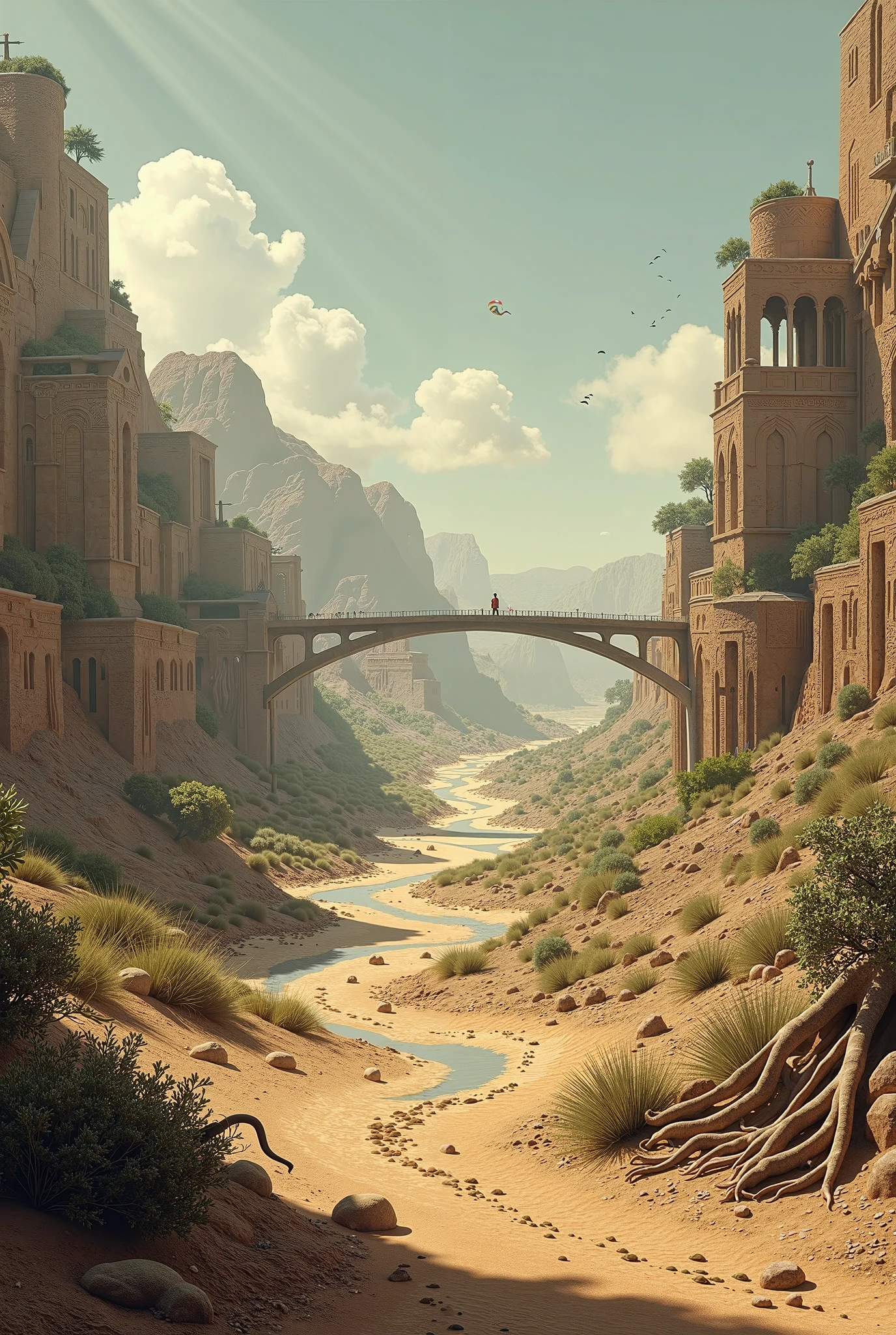 There is a painting of a man standing on a bridge over a river - SeaArt AI