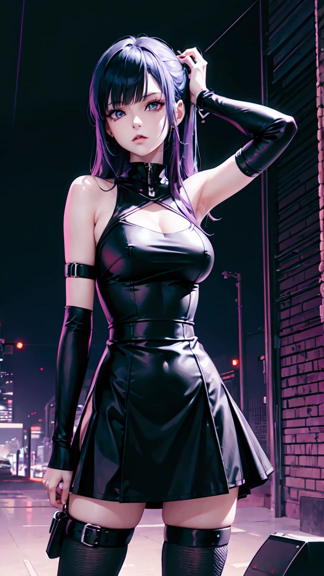 ((good quality)), perfect detalisation, good render Goth girl in vulgar dress, in night park, (flirting hide left eye, the eyes red colour), metal accessories, long socks, elastic body, (one adhesive plaster on cheek), render face, render hairs, render, dark night park background, (light off), sexualization