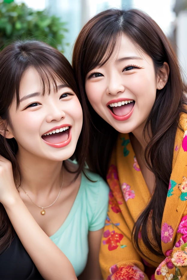 (happy, smiling: 1.1) Woman (Korean with loose hair) and her exuberant friend, laughing together, loose hair, full body close-up (best quality, high resolution: 1.2), ultra-detailed, (realistic: 1.37), Nuclei vibrant, Lighting (soft, warm), style (portrait, fashion, photography).