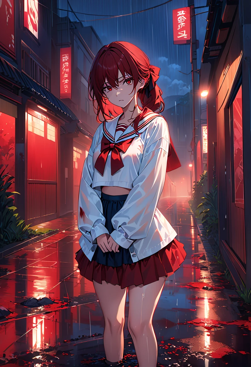 tmasterpiece, Best quality at best, looking at viewert, facing to audience, Bare legged, 1个Giant Breast Girl, Alone, The upper part of the body, the bow, Sefuku, disgust face, during night, heavy rain poured, Outdoor activities, 城市, Crop top, navel, wetclothes, soaked pubic hair, The sleeves are too long, Put your hands in your sleeves, Tears, blood stain, dark alley, Blood splattered on the ground, Red bright light, glowing light eyes, depth of fields,holding a knife,Red sky, atmosphere,Perfect hands